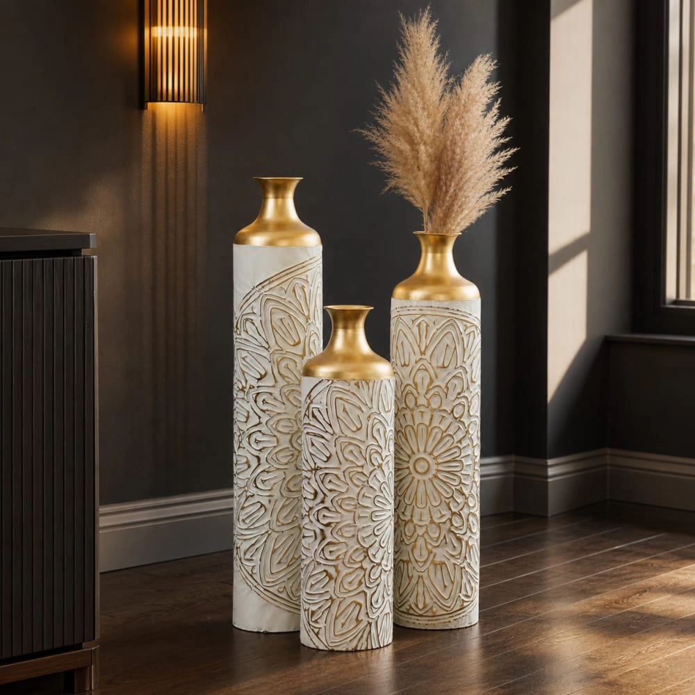 Toemoa Set of 3 Droplet Shaped Floor Metal Vase for Home Decoration