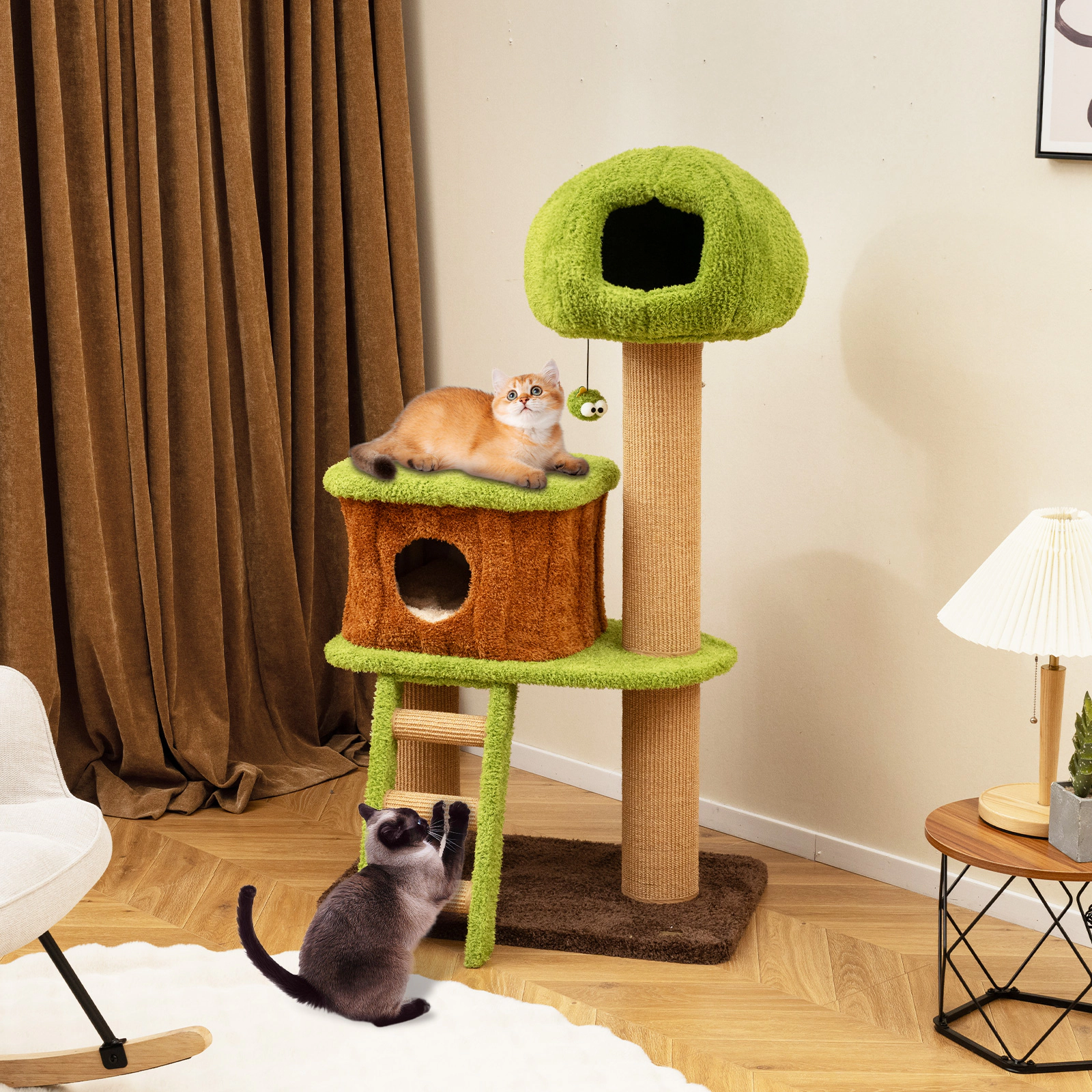 Glintex 56-Inch Mushroom Cat Tree with Detachable Nest and Sisal Climbing Ladder, Brown
