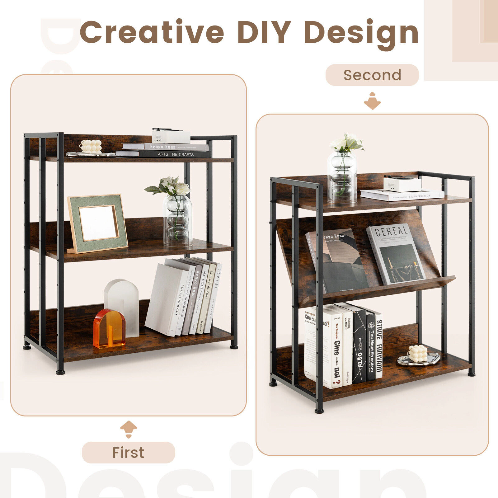 SUGIFT Rustic Brown 3-Tier Industrial Bookshelf with Adjustable Shelves and Raised Edges