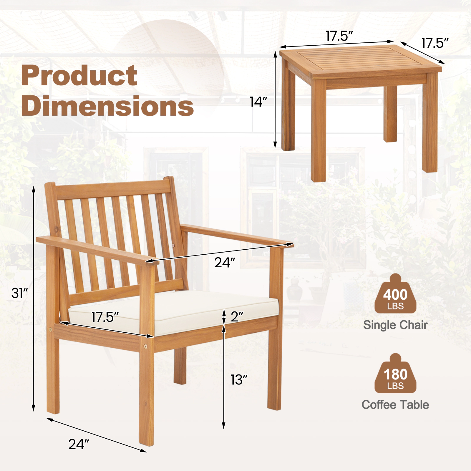 LJG 3 Pieces Patio Wood Furniture Set with Soft Cushions for Porch