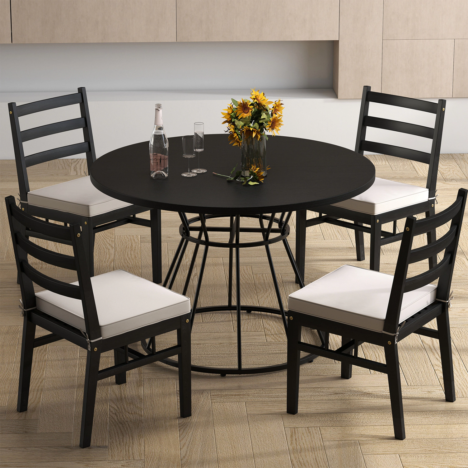 LJG 47 Inches Round Dining Table for 4 Farmhouse Kitchen with Wooden Tabletop