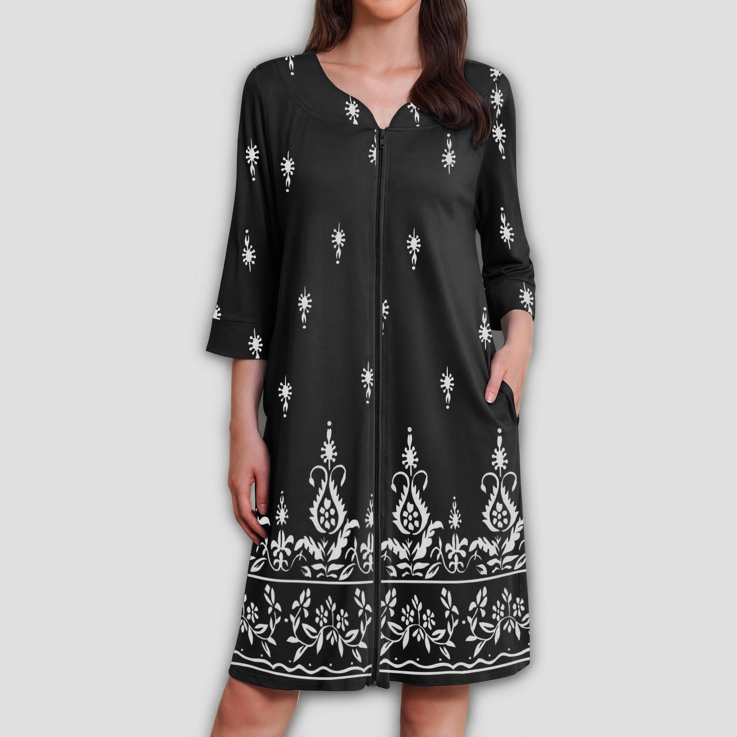 Ekouaer Zipper Robes Three Quarter Sleeves Housecoat Nightgowns Floral Print House Dresses