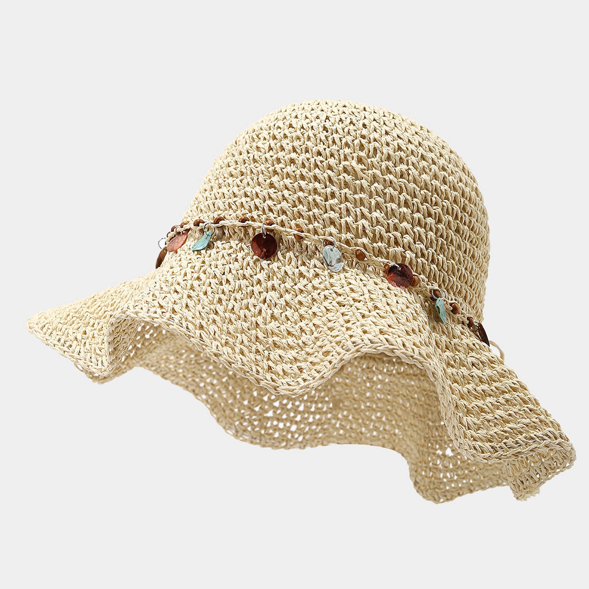Anna-Kaci Womens Woven Straw Sun Hat with Beaded Band and Floppy Brim