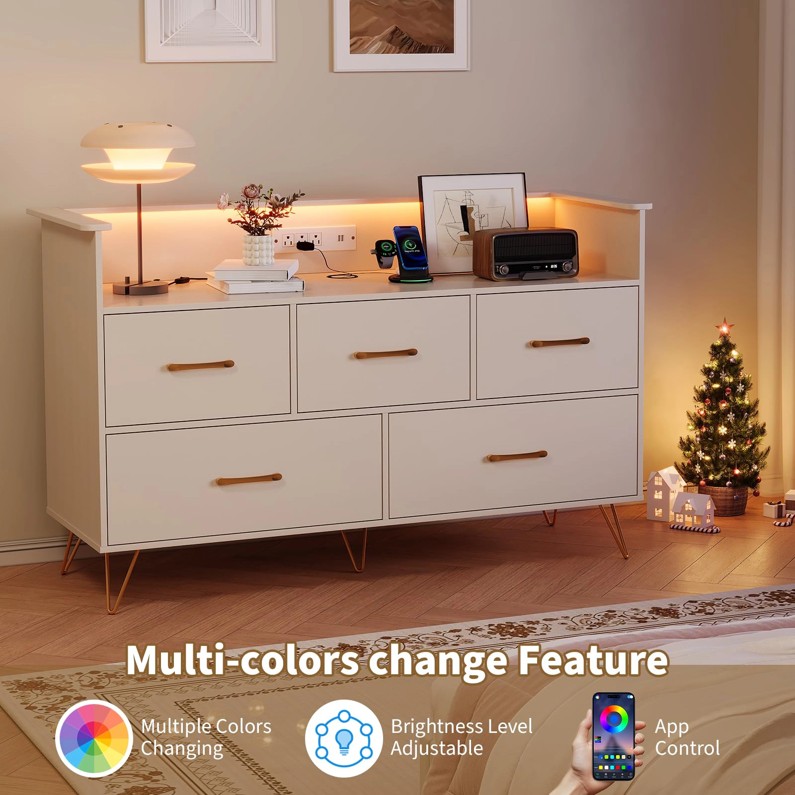47" 5 Drawer Dresser with LED Lights & Charging Station, Wood Storage Chest