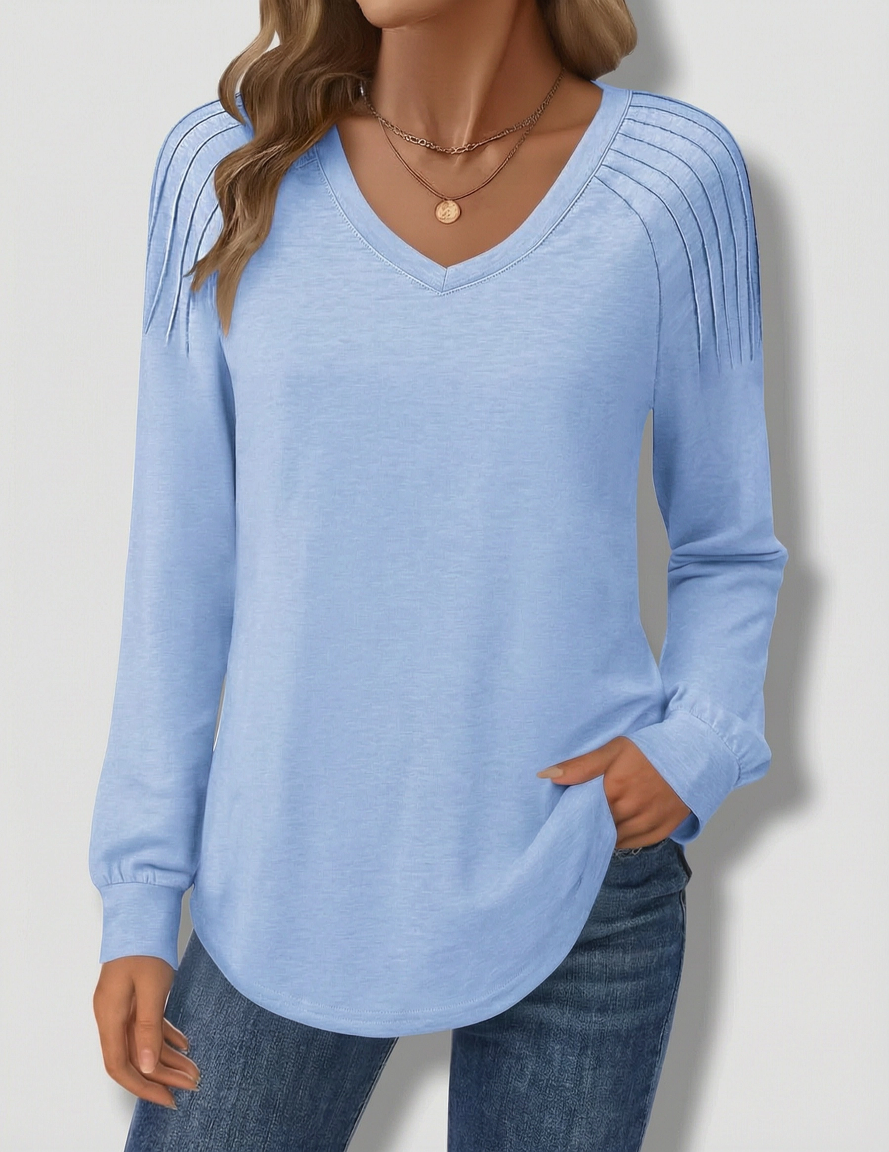 Zeagoo Women's Long Sleeve V-Neck Pleated Loose Tunic Top Trendy Casual Work Shirt