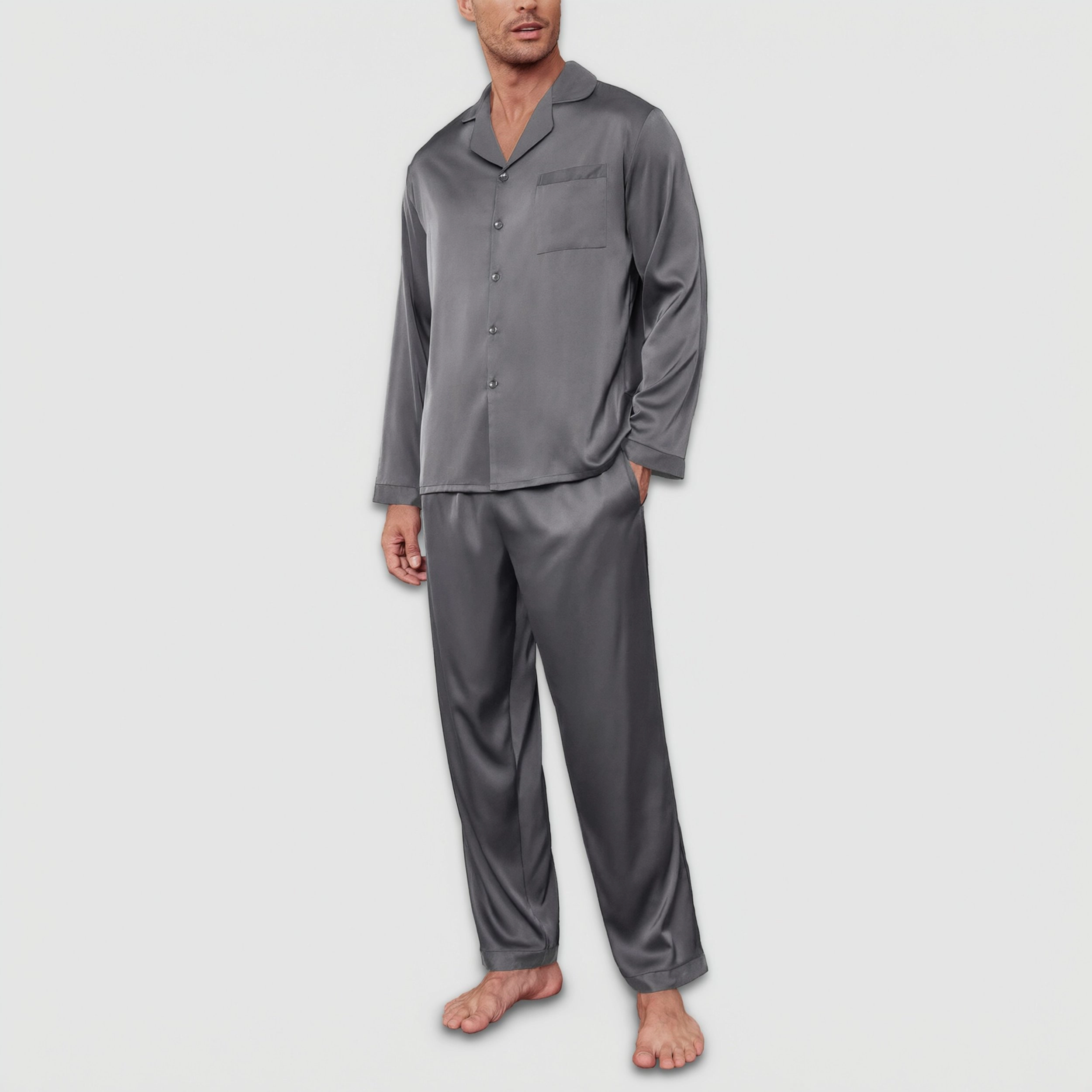 Ekouaer Mens Pajama Set Long Satin Loungewear Two Piece Pajamas Classic Button Down Sleepwear