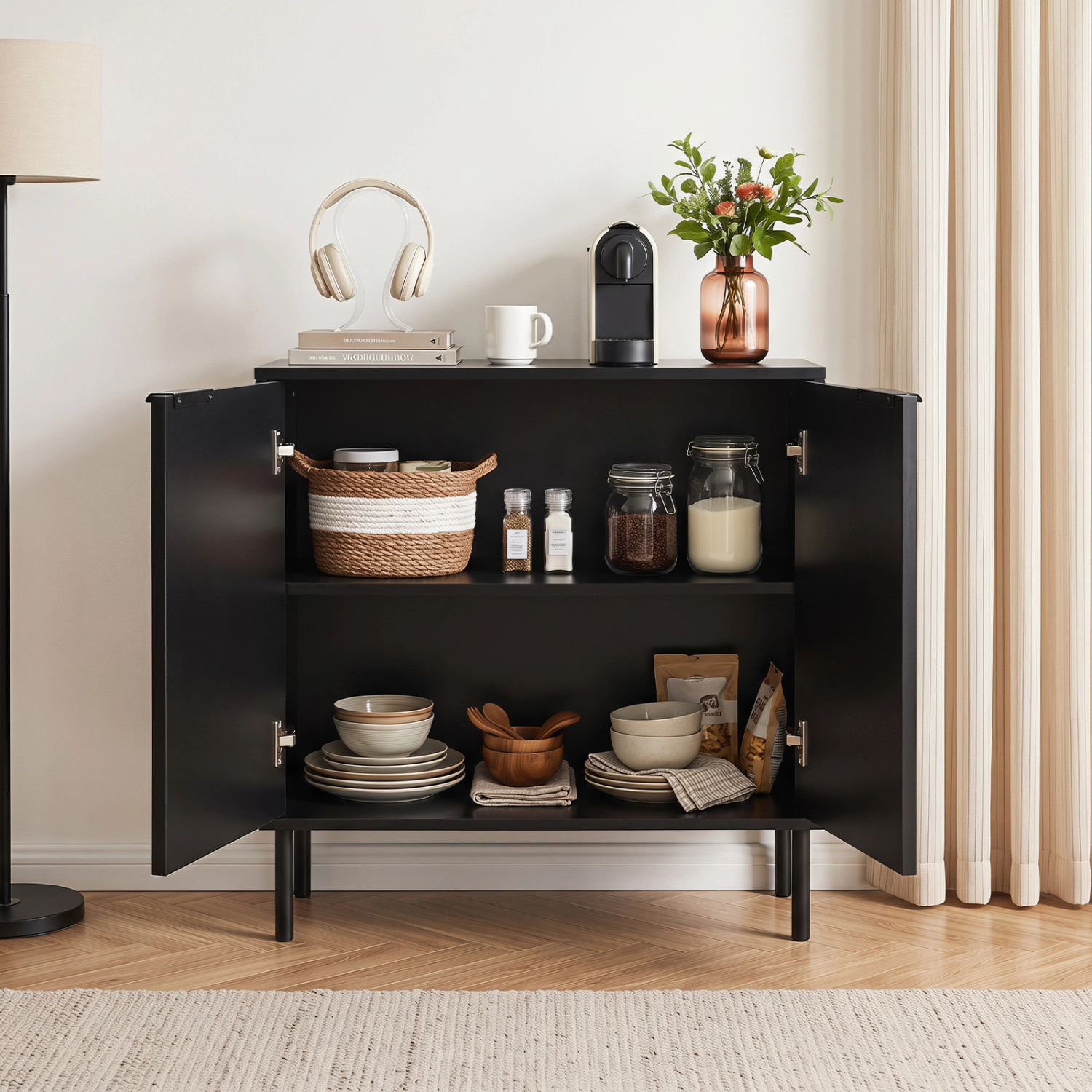 LJG Fluted Buffet Cabinet with 2-Door Sideboard for Kitchen and Dining Room