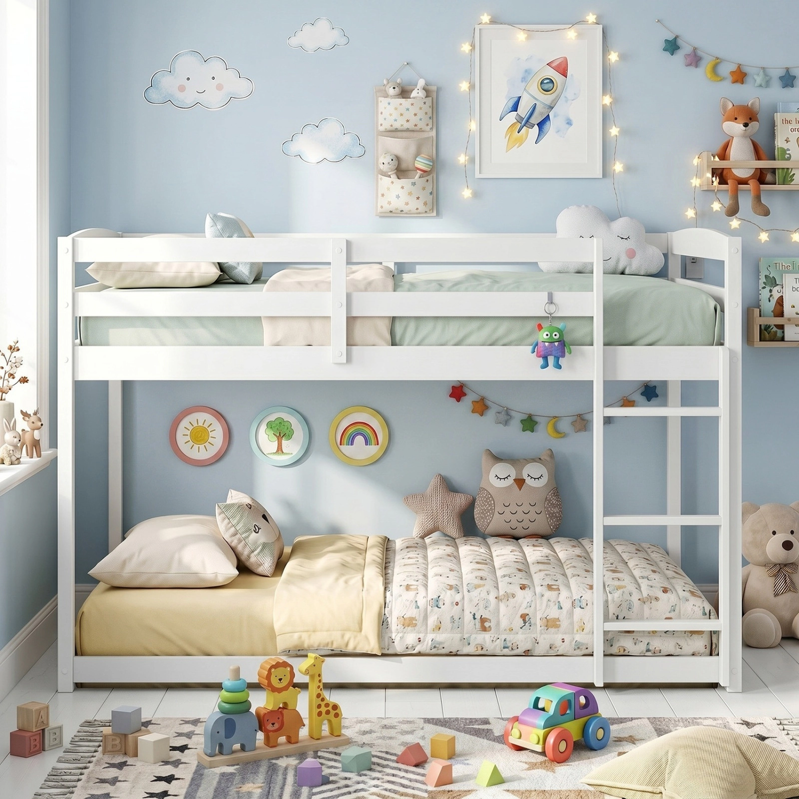 SUGIFT Full-Over-Full Low Bunk Bed, Solid Pine, 3-Step Ladder, 12-in Guardrails, White