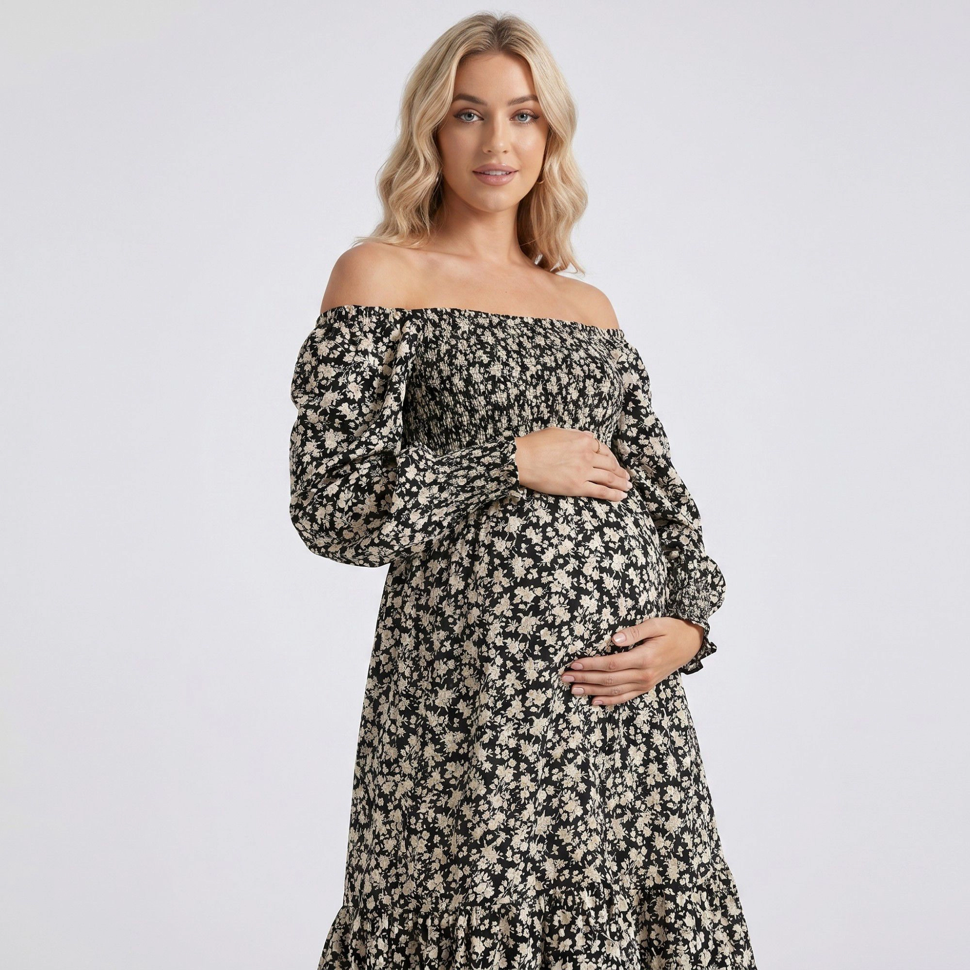 Anna-Kaci Women's Maternity Off Shoulder Floral Smocked Bodice Tiered Hem Midi Dress