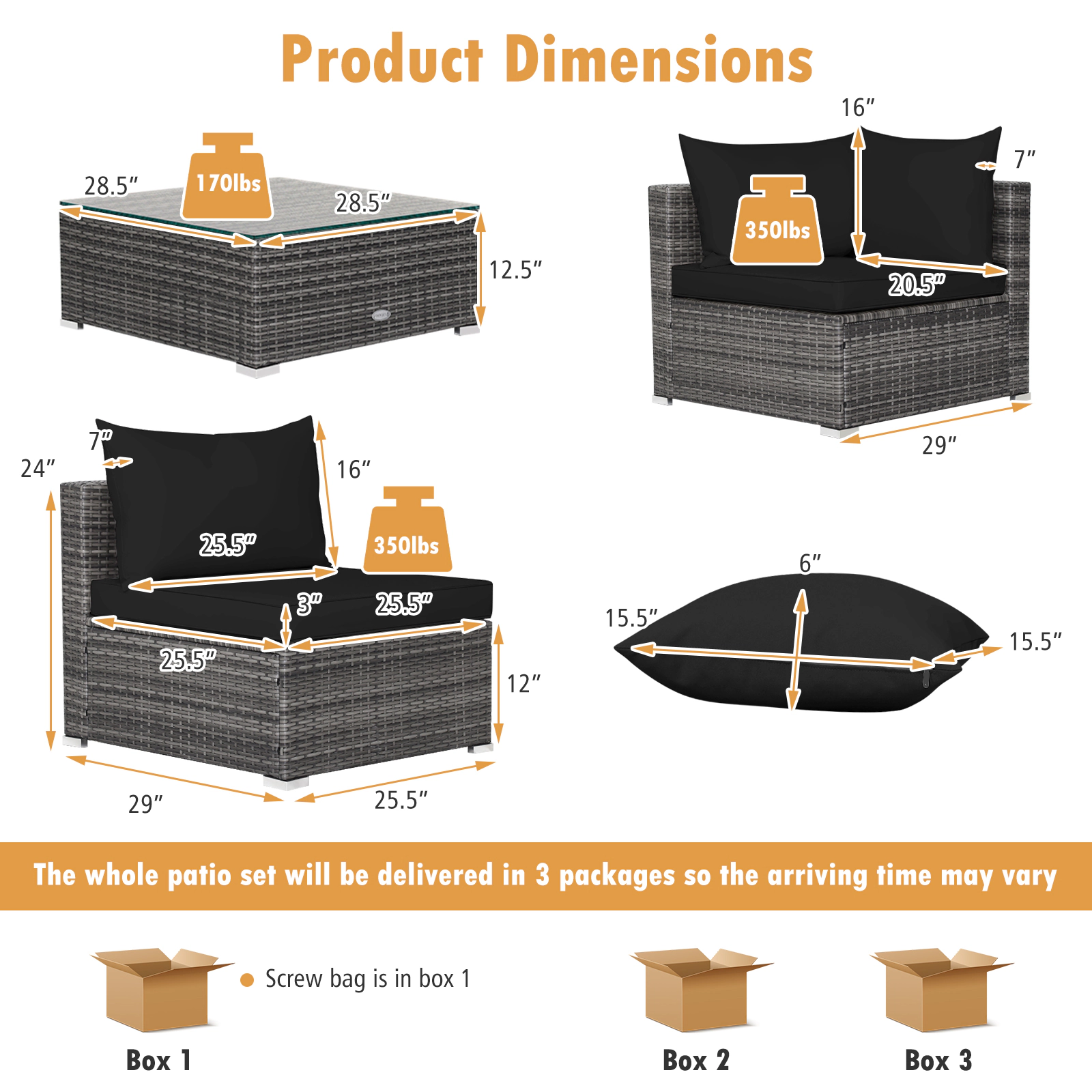 SUGIFT 7-Piece Black Patio Rattan Sectional Sofa Set with Glass Table 12-in Seat H 350-lb Sofa Capacity