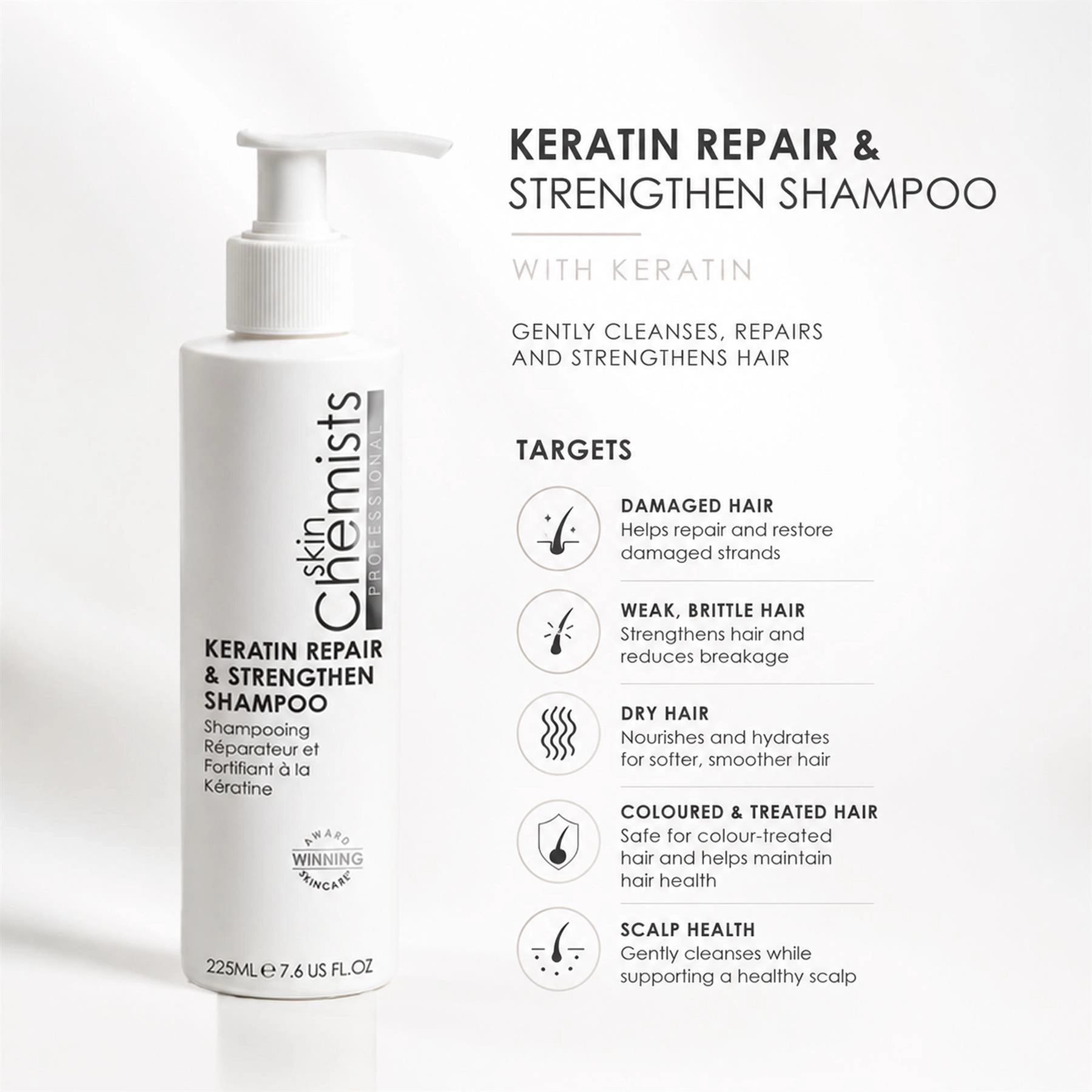 skinChemists Keratin Repair & Strengthen Shampoo 250ml - For Damaged and Chemically Treated Hair