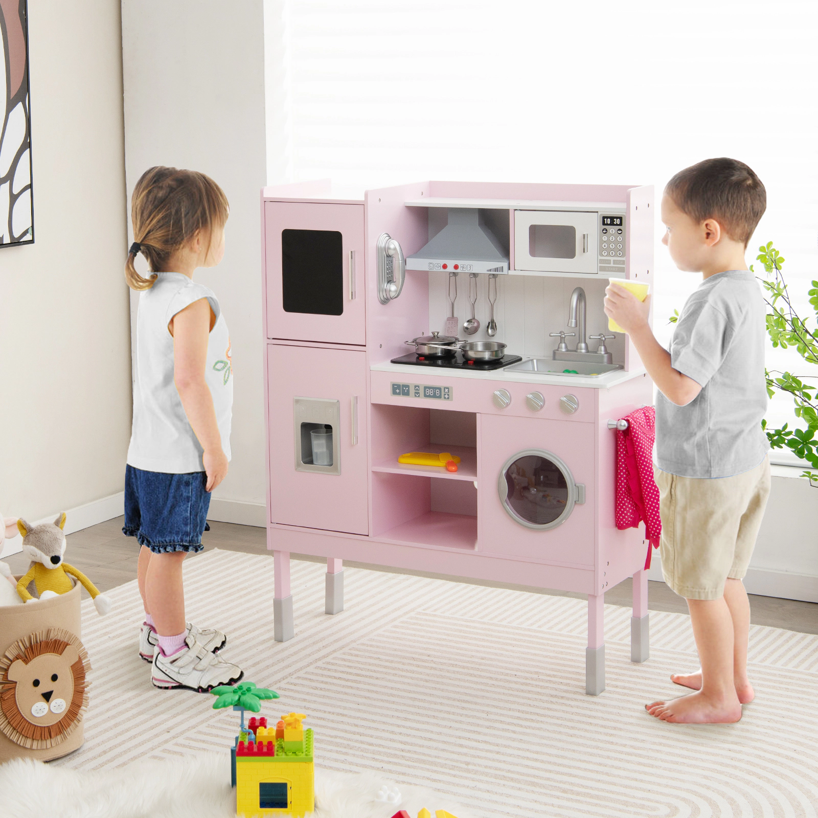 SUGIFT 3-Position Adjustable Pretend Play Kitchen for Kids with 16 Accessories 40.5-in Tall Frame Ages 3+ Pink