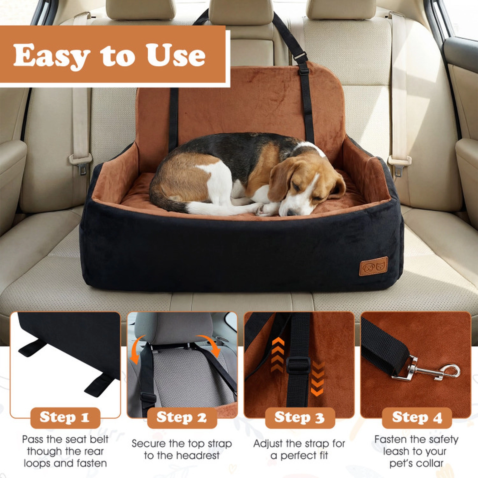 SUGIFT 32 x 21-in 55-lb Capacity Brown Elevated Foam Dog Booster Car Seat with 2 Safety Leashes and Side Pockets