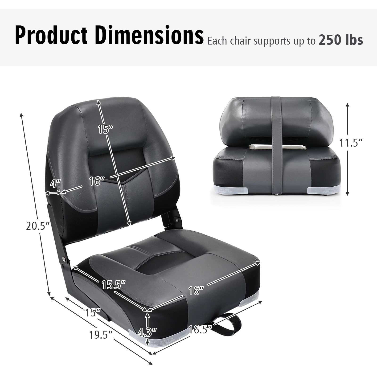 SUGIFT Set of 2 250-lb Capacity Folding Low Back Fishing Boat Seats with 4.3-in Foam Padding and PVC Cover