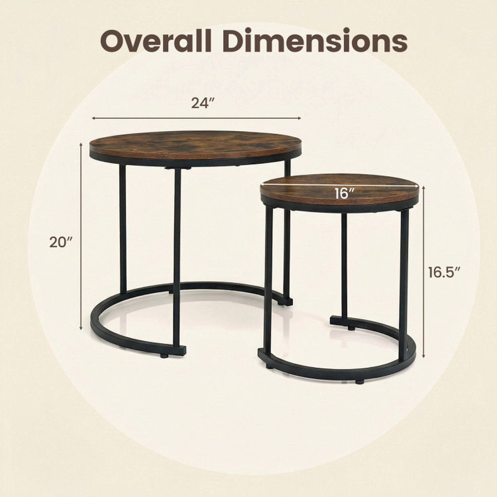 SUGIFT Set of 2 Round Nesting MDF Top Steel Frame Coffee Tables 24-in Dia x 20-in H 16-in Dia x 16.5-in H Rustic Brown