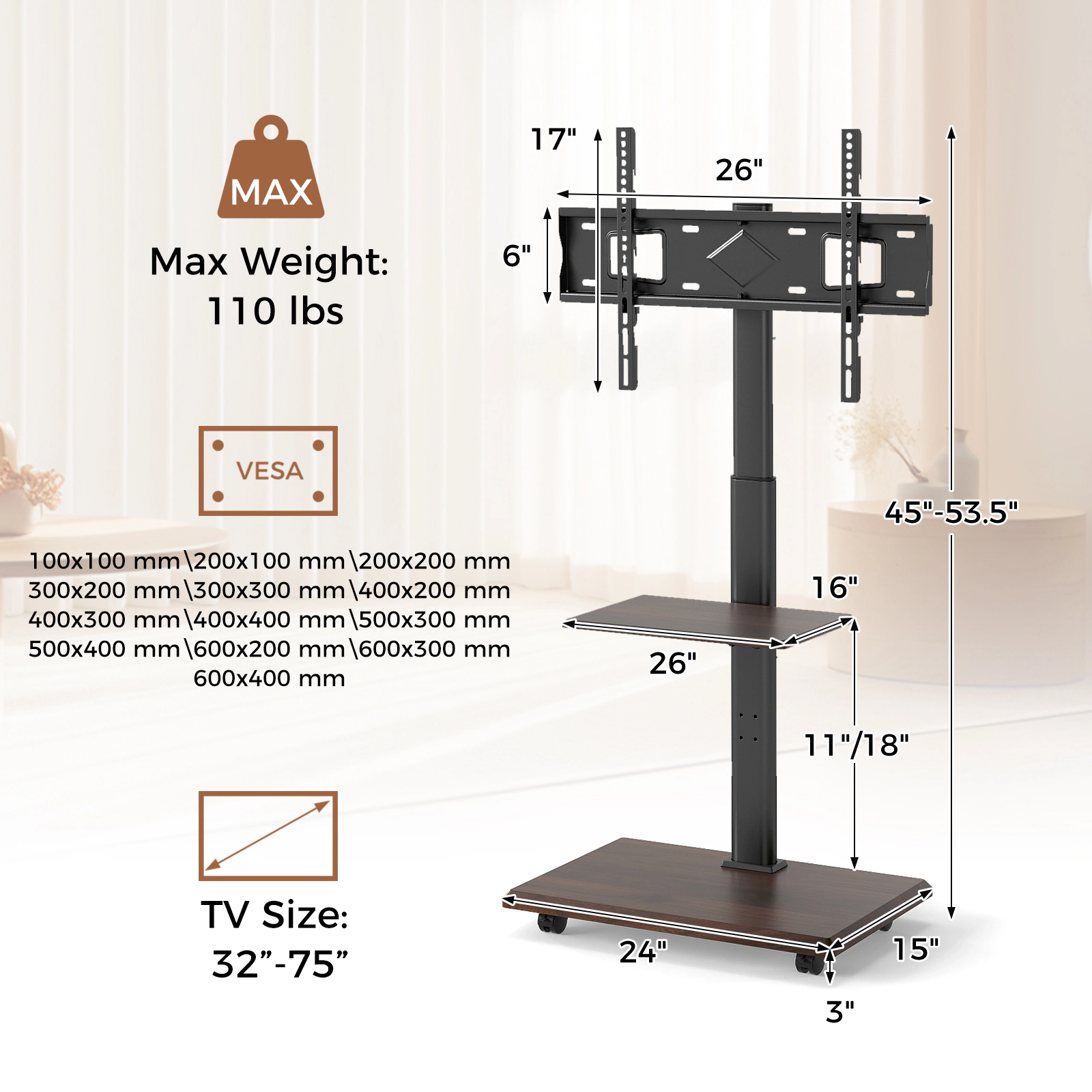 SUGIFT Height-Adjustable Rolling TV Stand Cart for 32-75 in TVs 110-lb Capacity on Locking Wheels AV Media Cart Black
