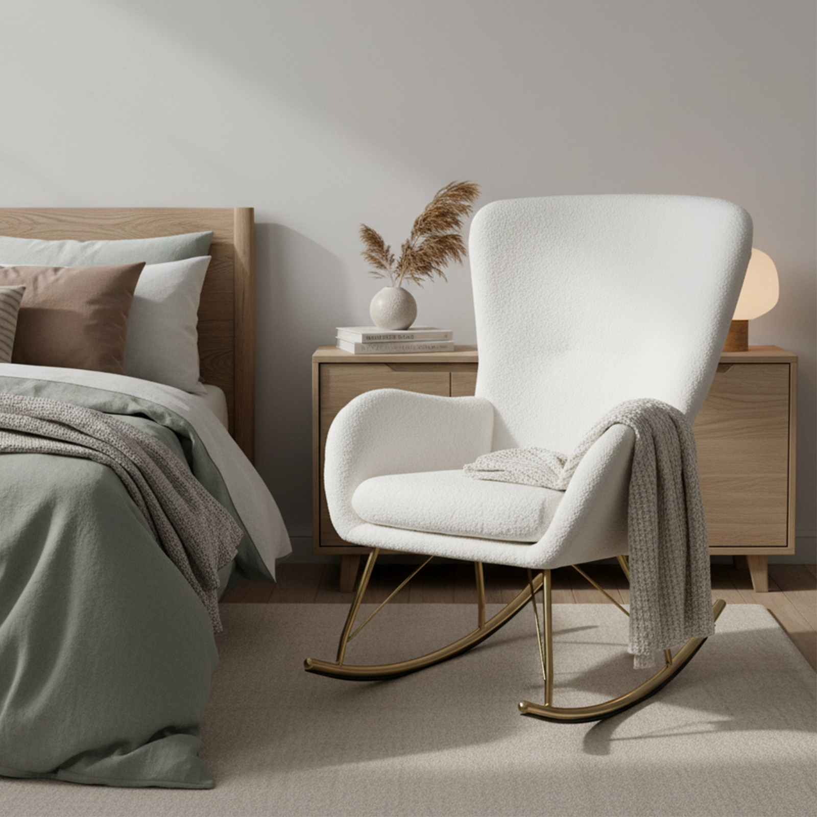 SUGIFT Teddy Fleece Nursery Rocking Chair with Curved Backrest & Armrests 330-lb Capacity 39.5-in Frame White & Golden