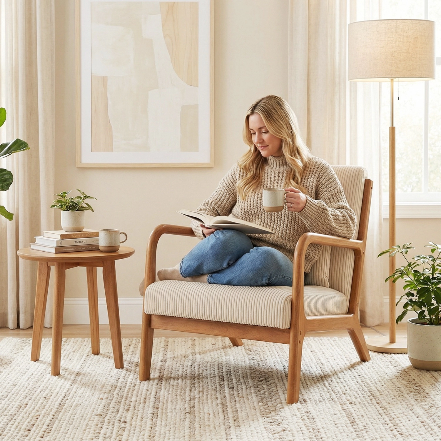LJG Accent Chair Corduroy Upholstered Lounge with Lumbar Pillow