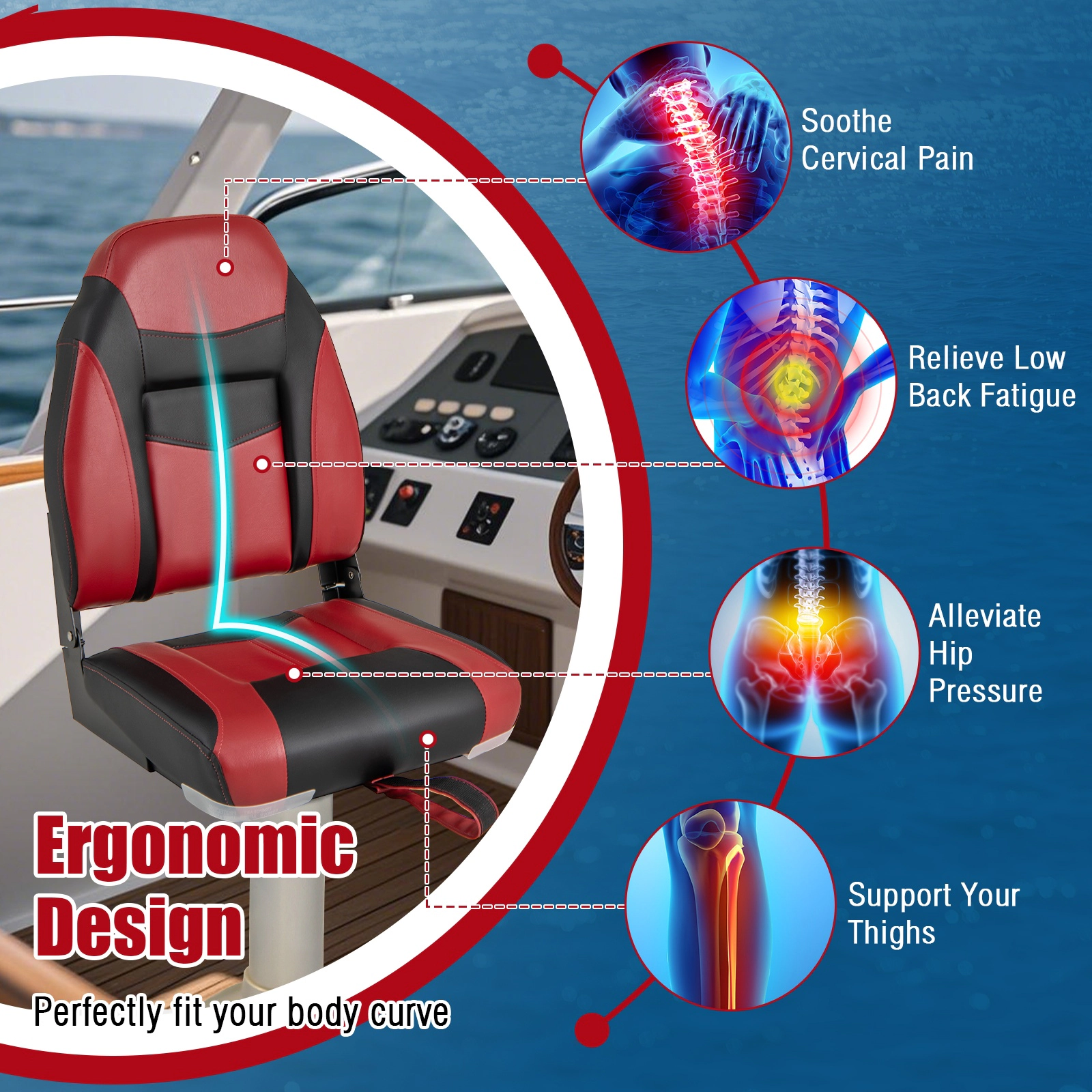 SUGIFT Set of 2 Red High-Back Folding Boat Seats, 250 lb Capacity, Aluminum Hinges