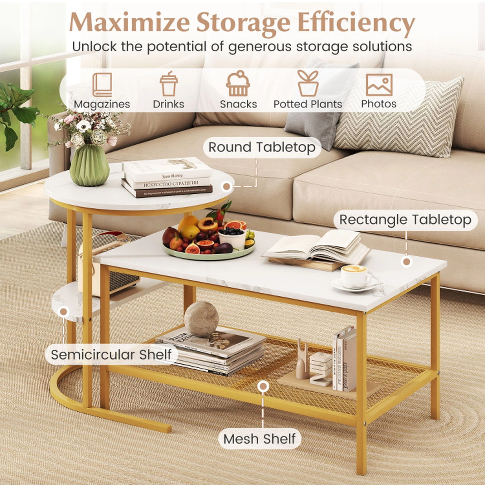 SUGIFT 2-Piece Faux Marble Top Rectangle Coffee and Round Side Table Set 31.5-in x 18-in 100-lb Capacity White