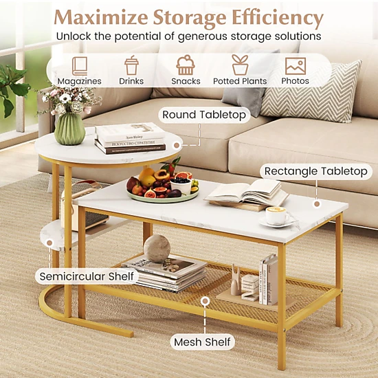 SUGIFT 2 Piece Engineered Wood Faux Marble Metal Frame Storage Coffee ...