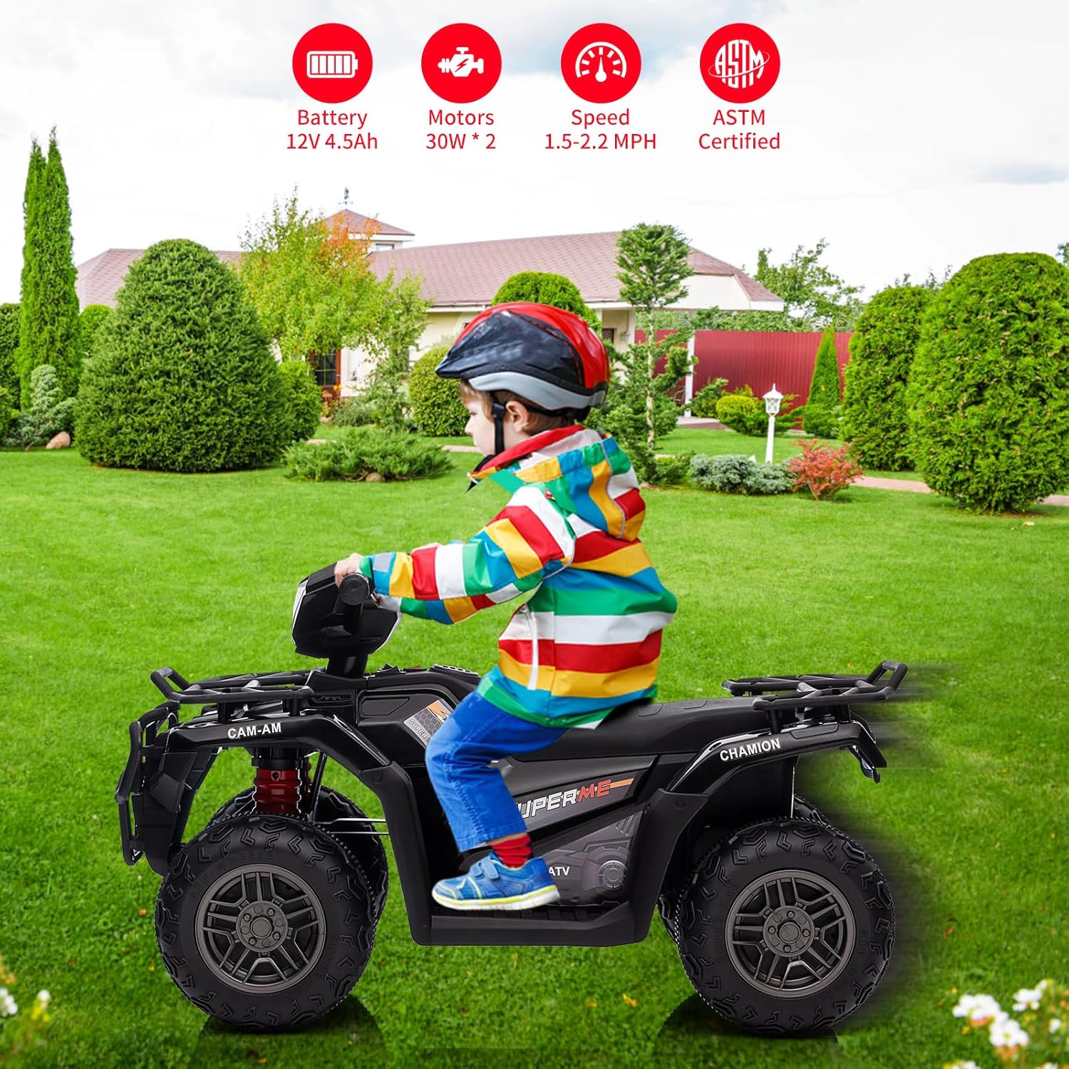 Enjyam 12V Kids Ride-On ATV for Toddlers, Electric 4-Wheel Vehicle with LED Lights, Music, USB, Safe 2.2mph