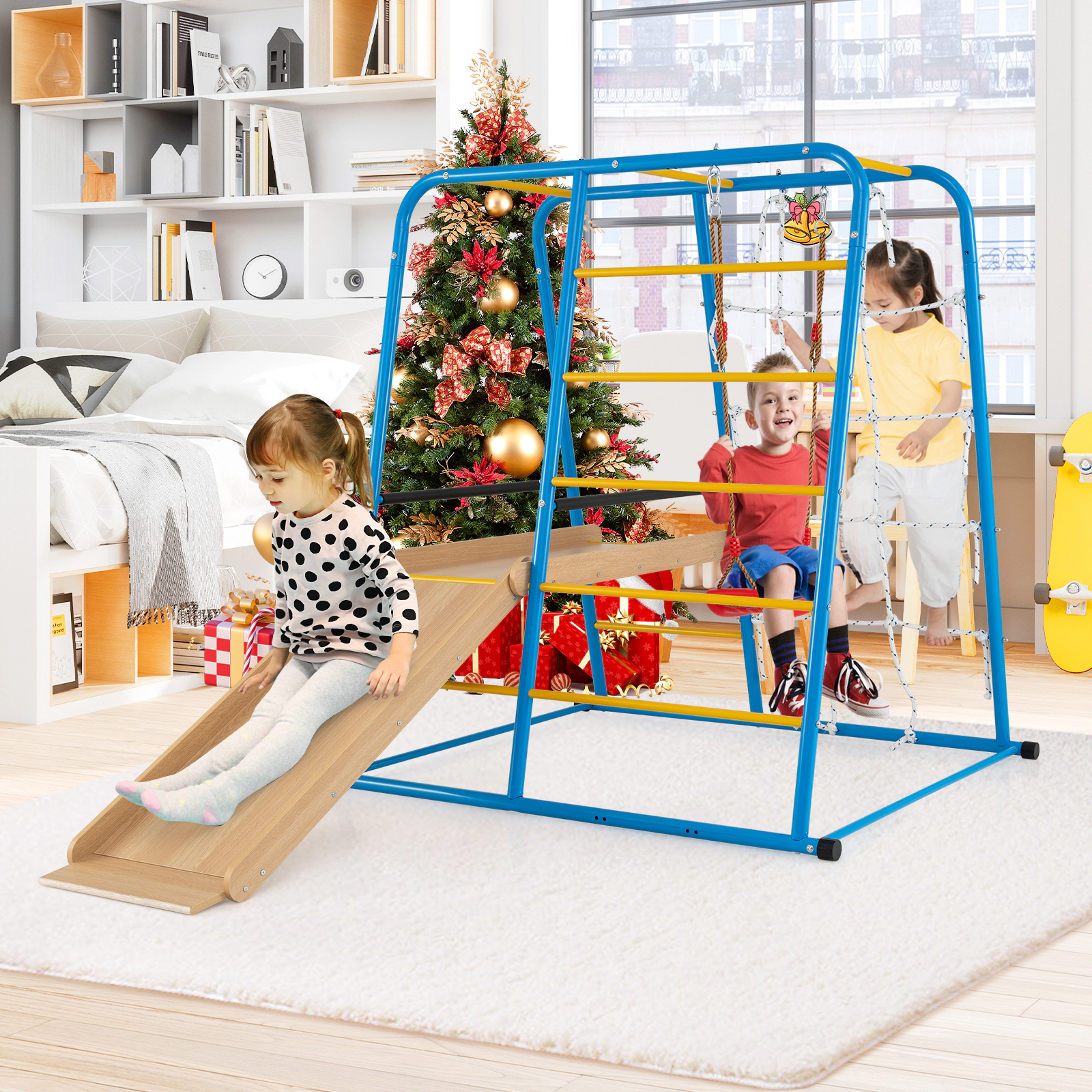 LJG 6-in-1 Indoor Jungle Gym with Slide for Boys and Girls 3+ Years Old