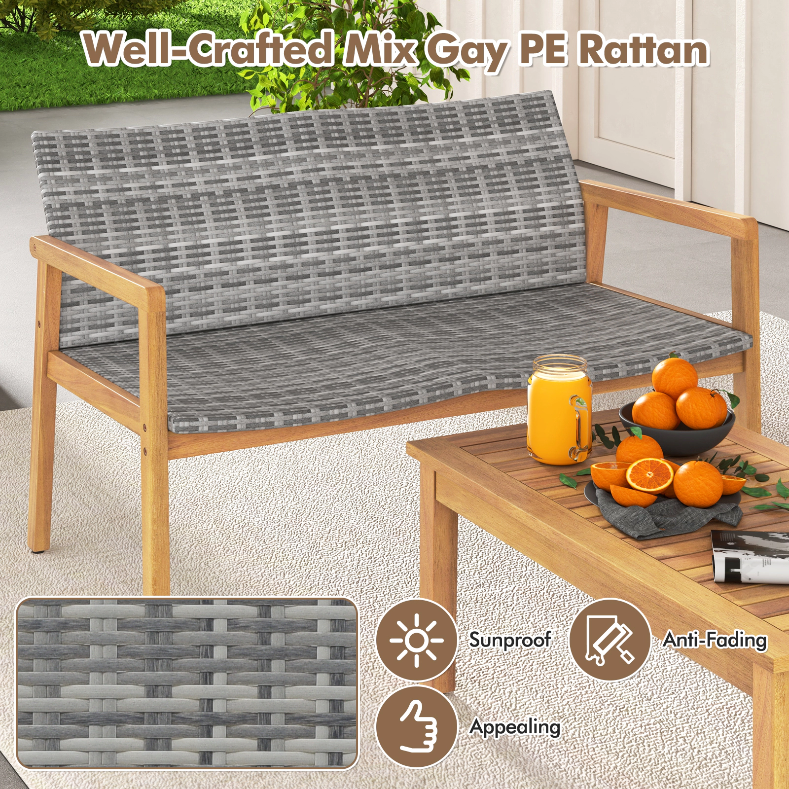 SUGIFT 4-Piece Gray PE Rattan Patio Conversation Set with Loveseat, 2 Armchairs and Acacia Table