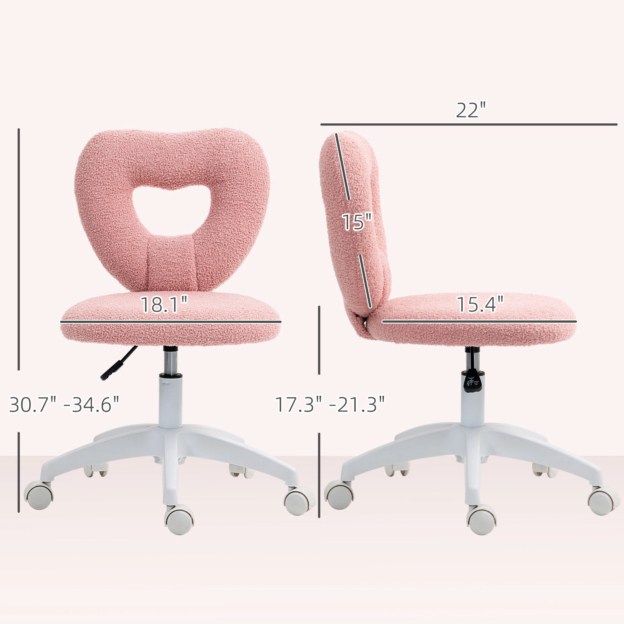 HONGGE Armless Computer Desk Chair Office Task Teddy Fleece Heart Makeup Vanity with Swivel Wheels
