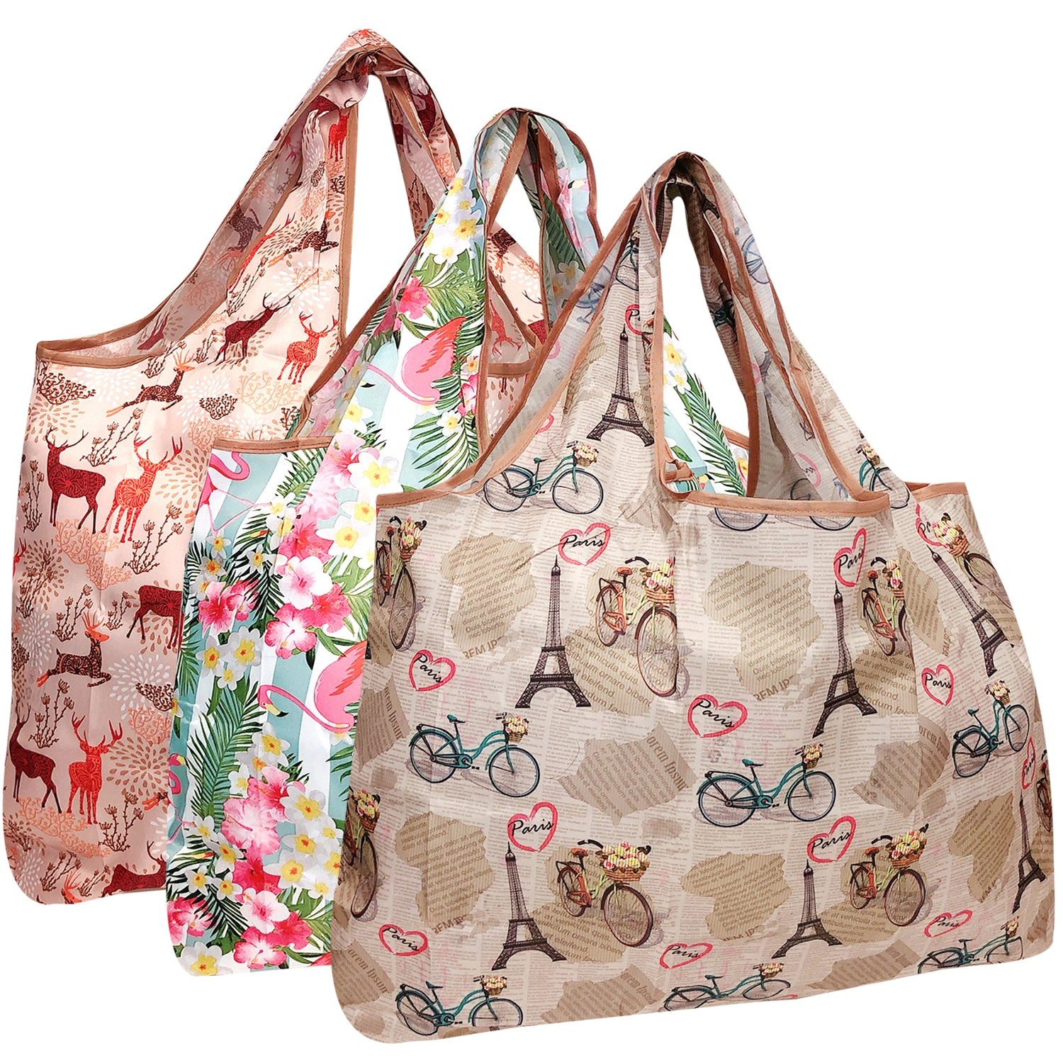 Wrapables Large Nylon Reusable Shopping Bags for Groceries (Set of 3), Flamingos, Deer, Paris