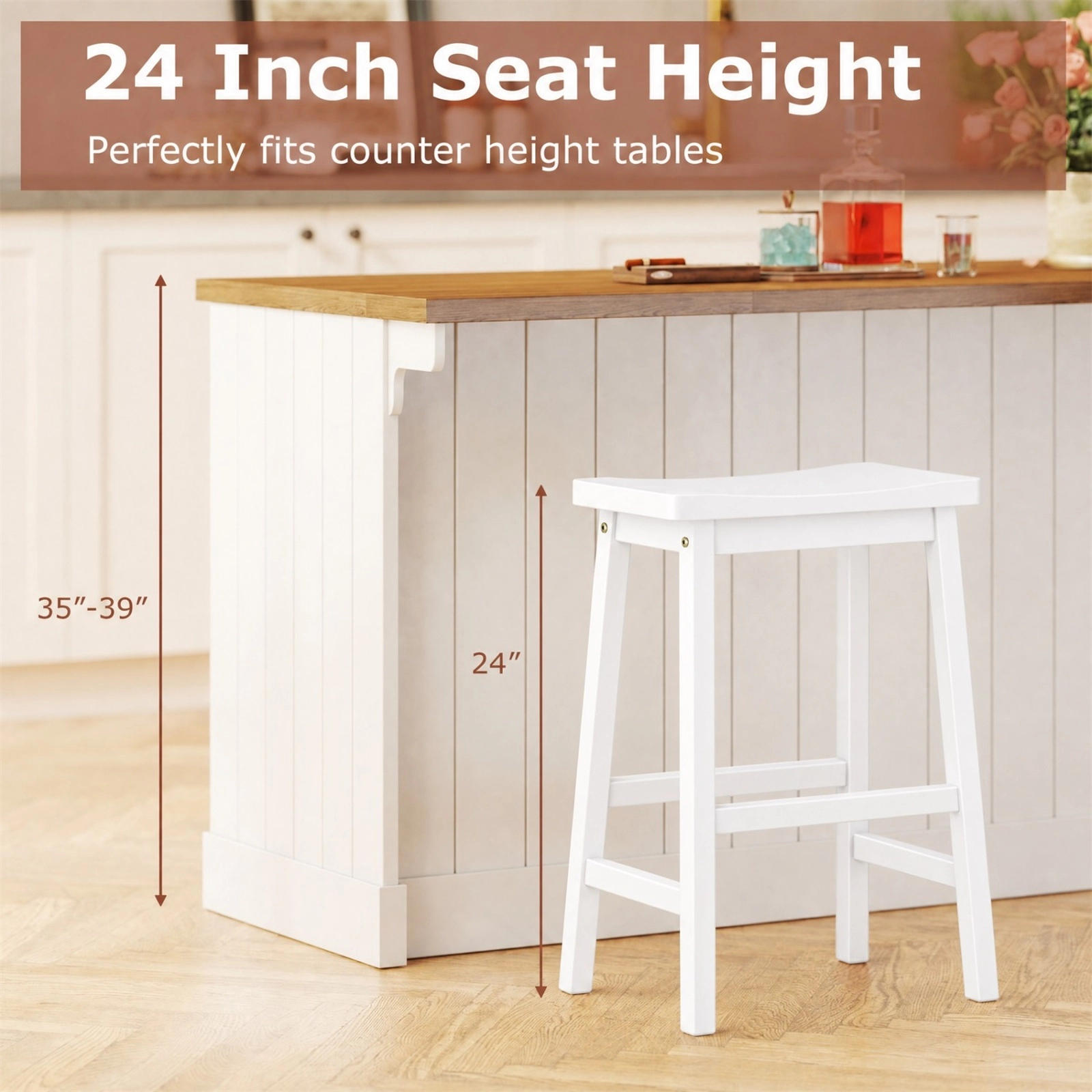 SUGIFT Set of 2 White Solid Wood Saddle Counter Stools, 24 in, Slim 12.5 in Depth