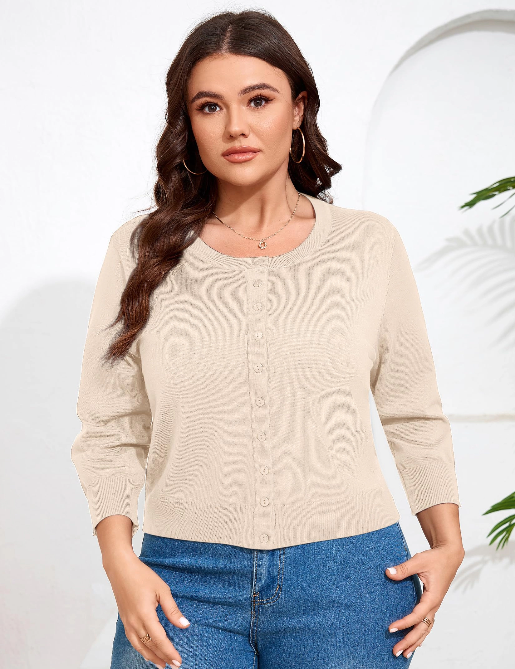 KOJOOIN Women Plus Cardigan 3/4 Sleeve Crew Neck Bolero Button Down Sweaters Knit Shrugs