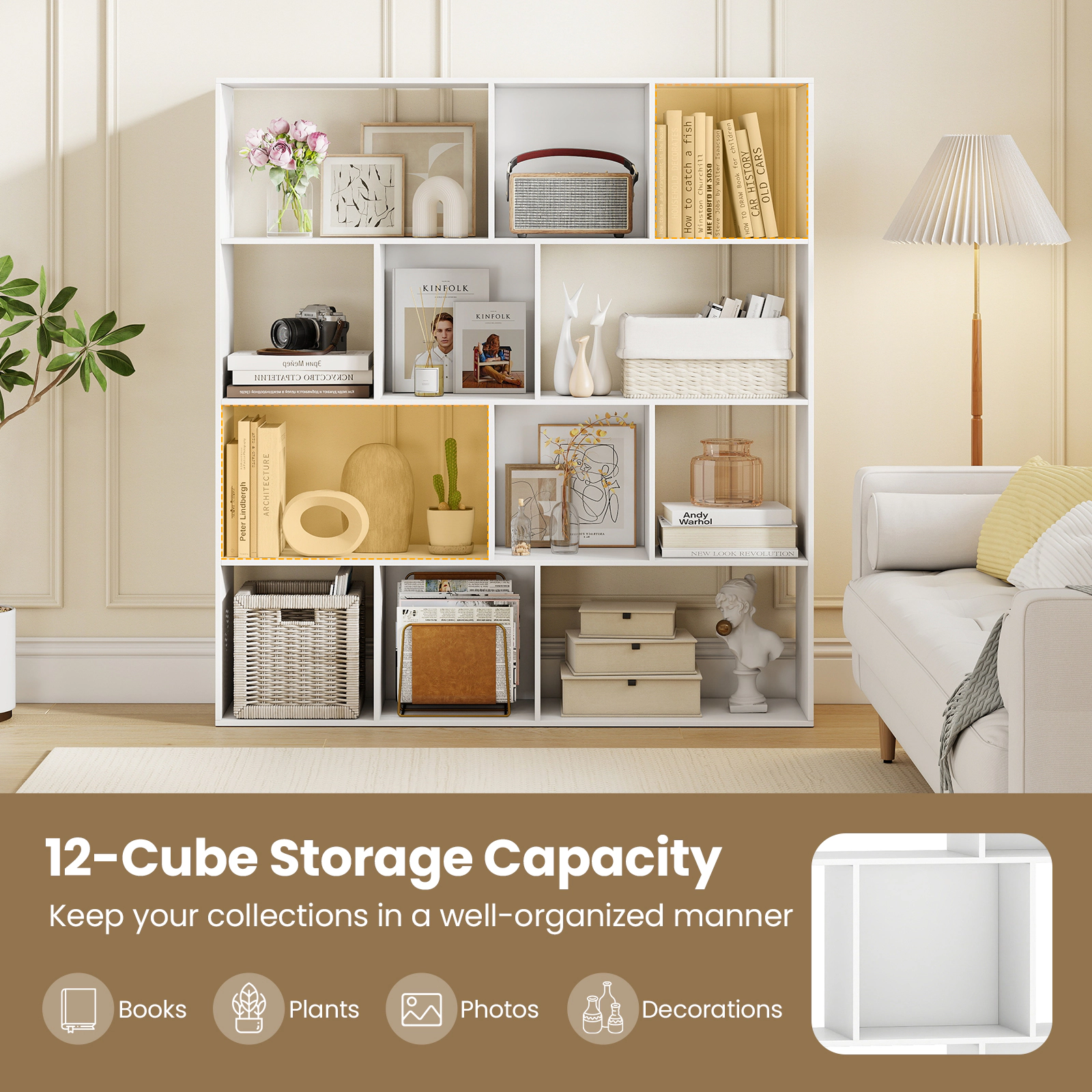 SUGIFT 4-Tier Open Shelf Bookcase with 12 Storage Compartments 485-lb Capacity Engineered Wood MDF White