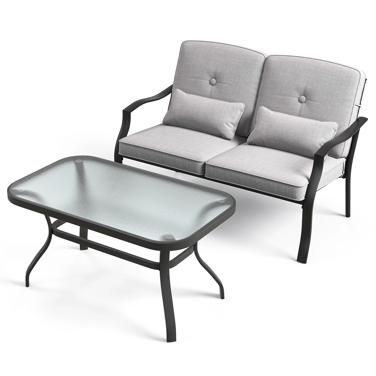 SUGIFT Outdoor Conversation Loveseat Set Tempered Glass Coffee Table 660-lb Loveseat Capacity Black Frame Gray Cushions