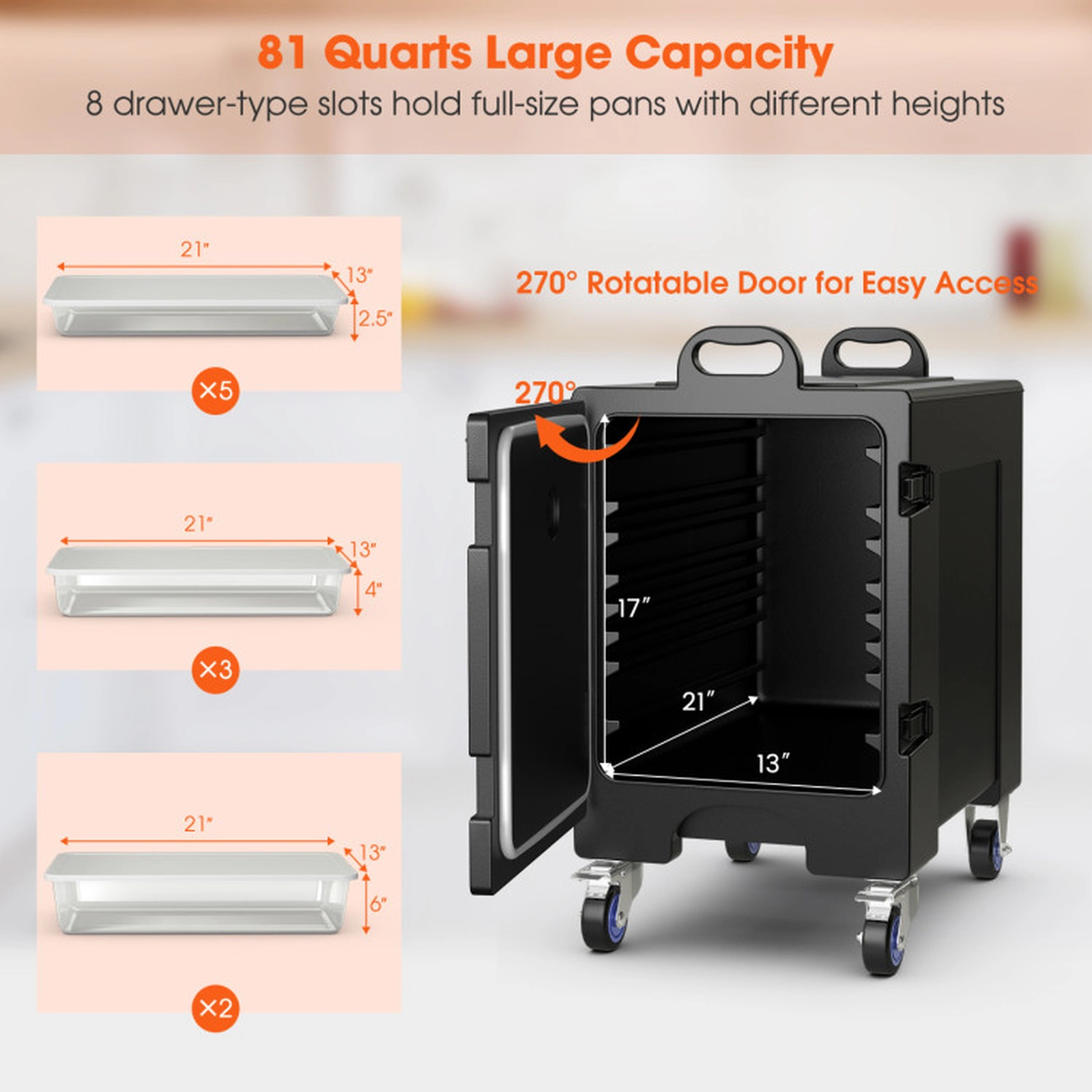 SUGIFT 81-qt End-Loading Insulated Food Pan Carrier with 4 Wheels 270-Degree Door and 5-Pan Capacity