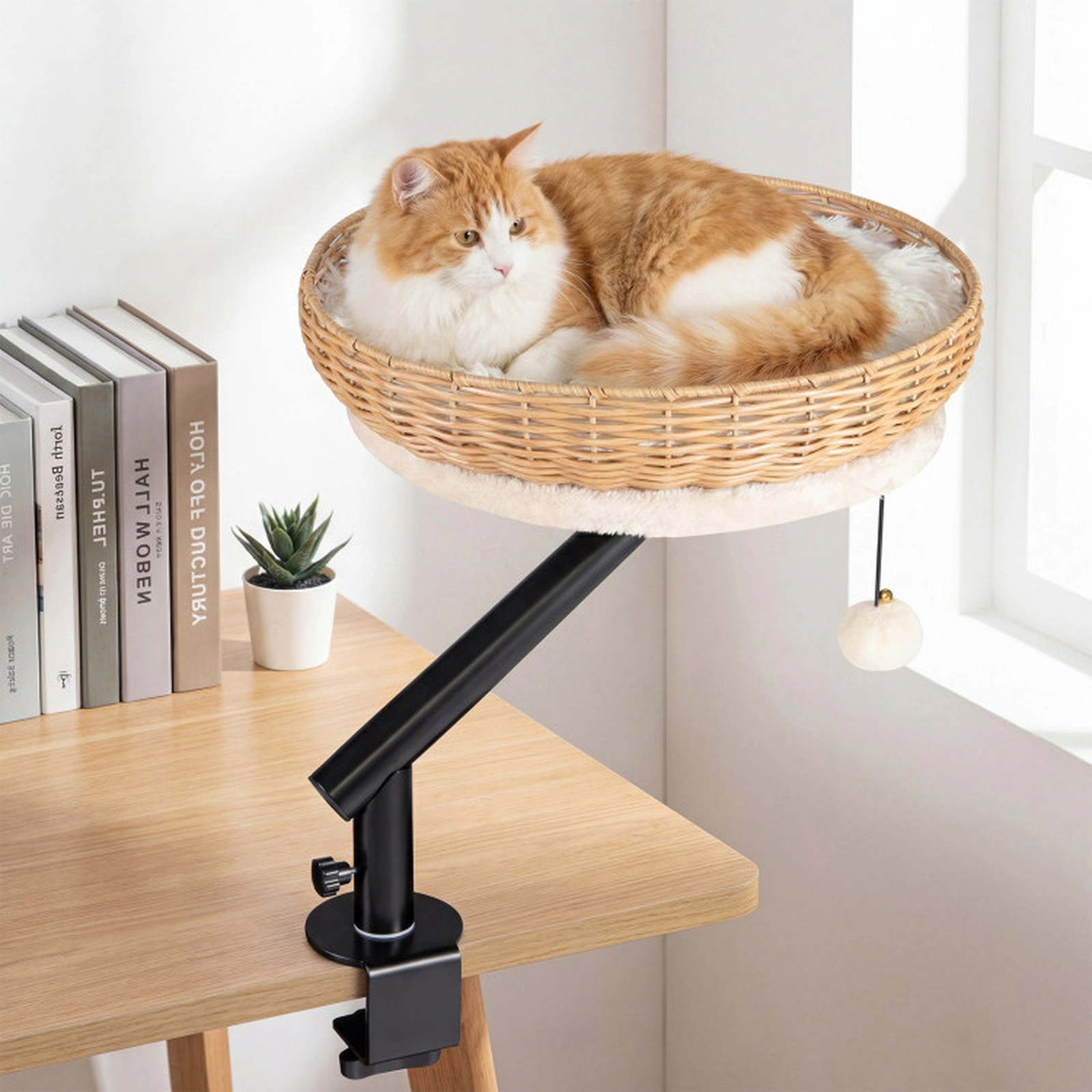SUGIFT 16 x 19.5-in 22-lb Capacity Natural PE Rattan Cat Desk Bed with Removable Plush Cushion and Jingling Ball