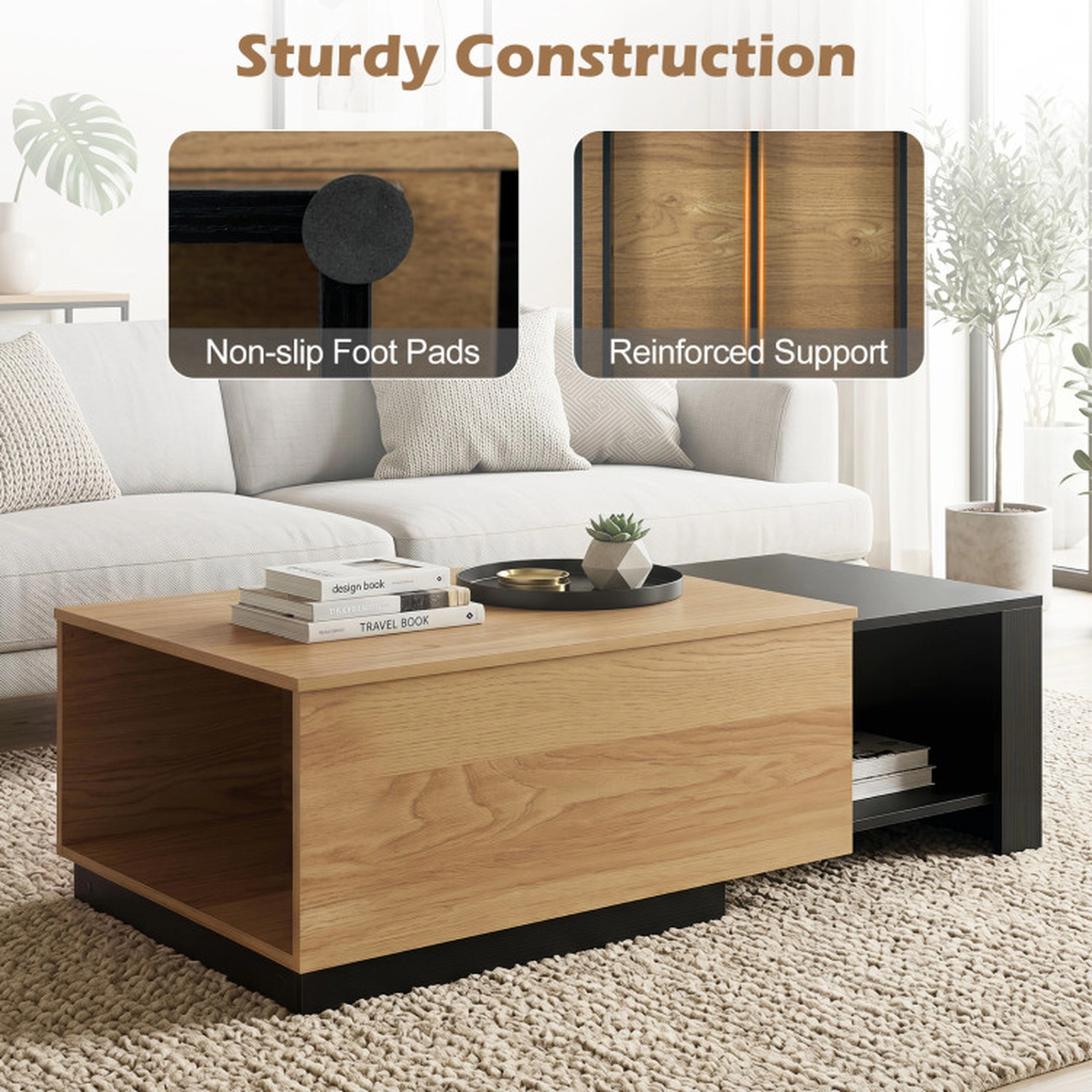 SUGIFT 27-in to 43.5-in Extendable 310-lb Capacity Natural Coffee Table with Concealed Storage Compartment