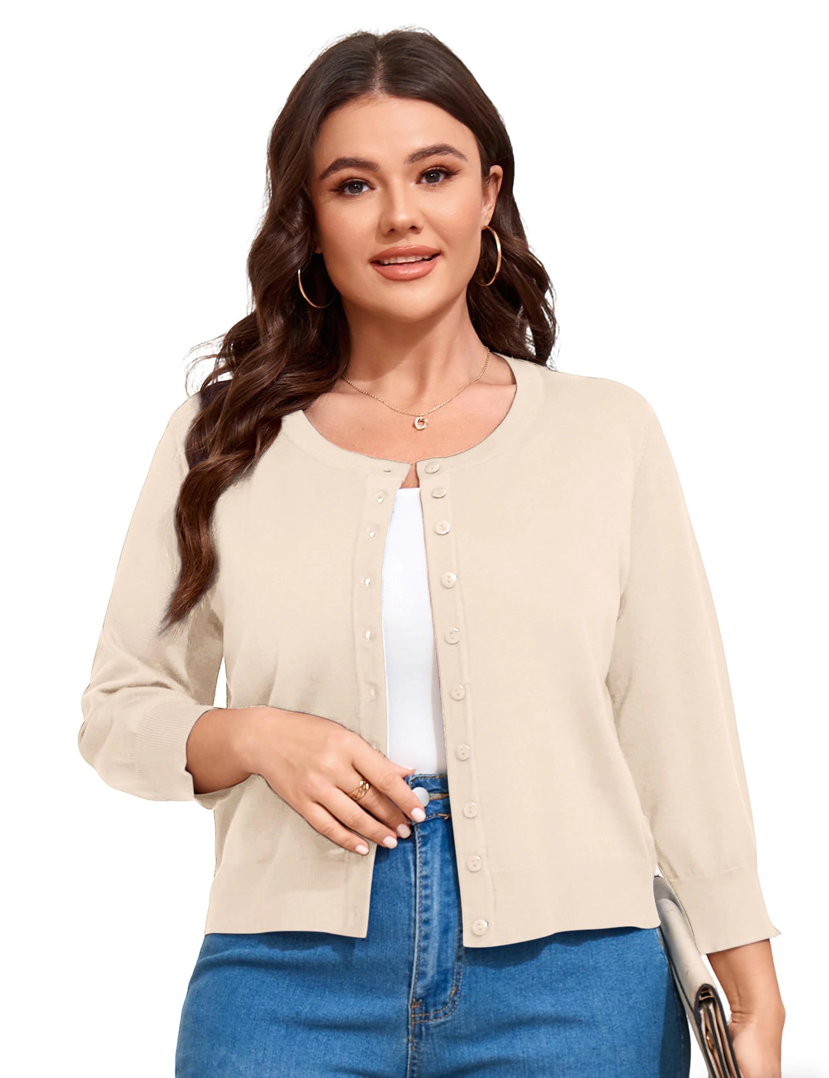 KOJOOIN Women Plus Cardigan 3/4 Sleeve Crew Neck Bolero Button Down Sweaters Knit Shrugs