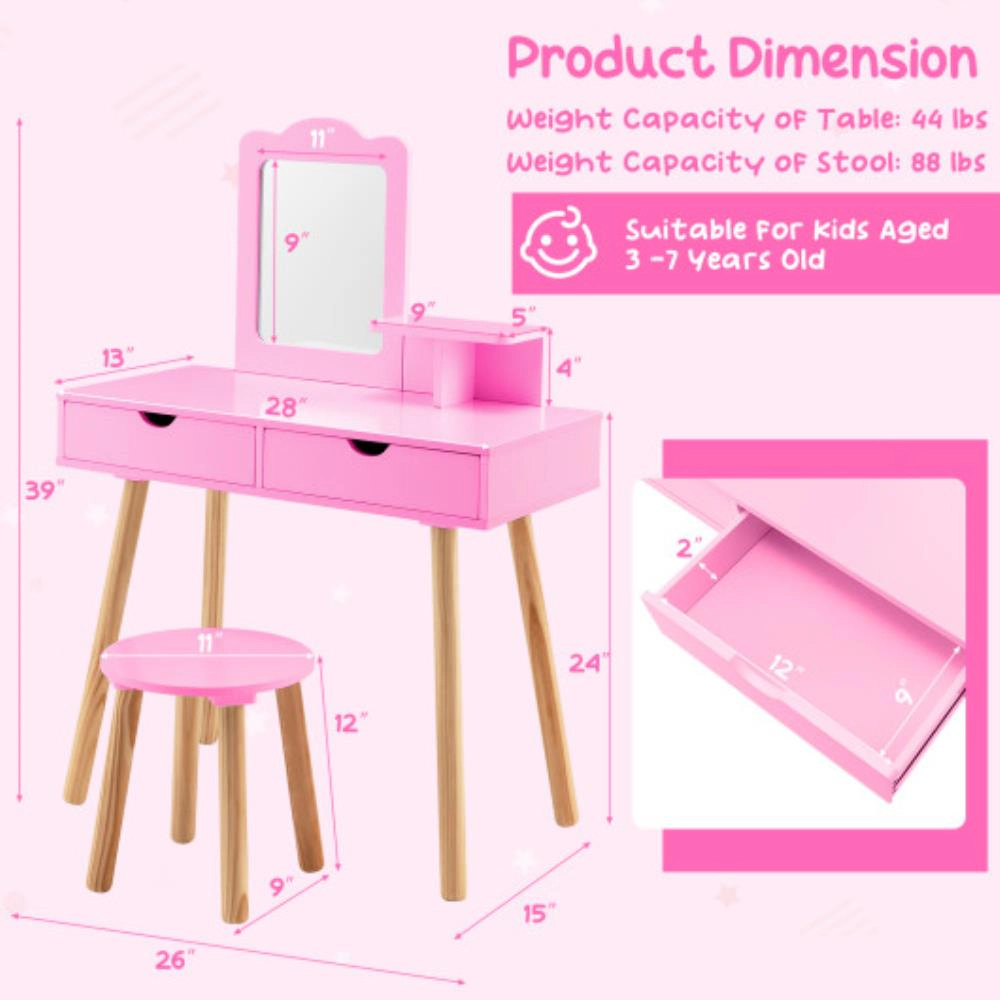 Hivvago Kid Vanity Table Chair Set With Mirror And 2 Large Storage Drawers