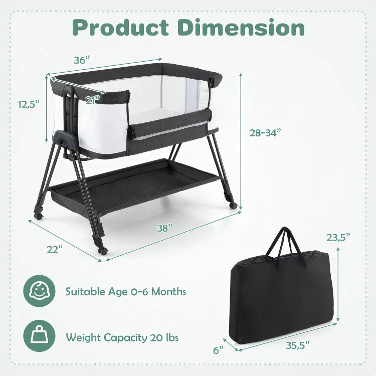SUGIFT Portable Bedside Baby Sleeper Bassinet with 7 Adjustable Heights 20-lb Capacity Ages 0-6 Months Gray/Black
