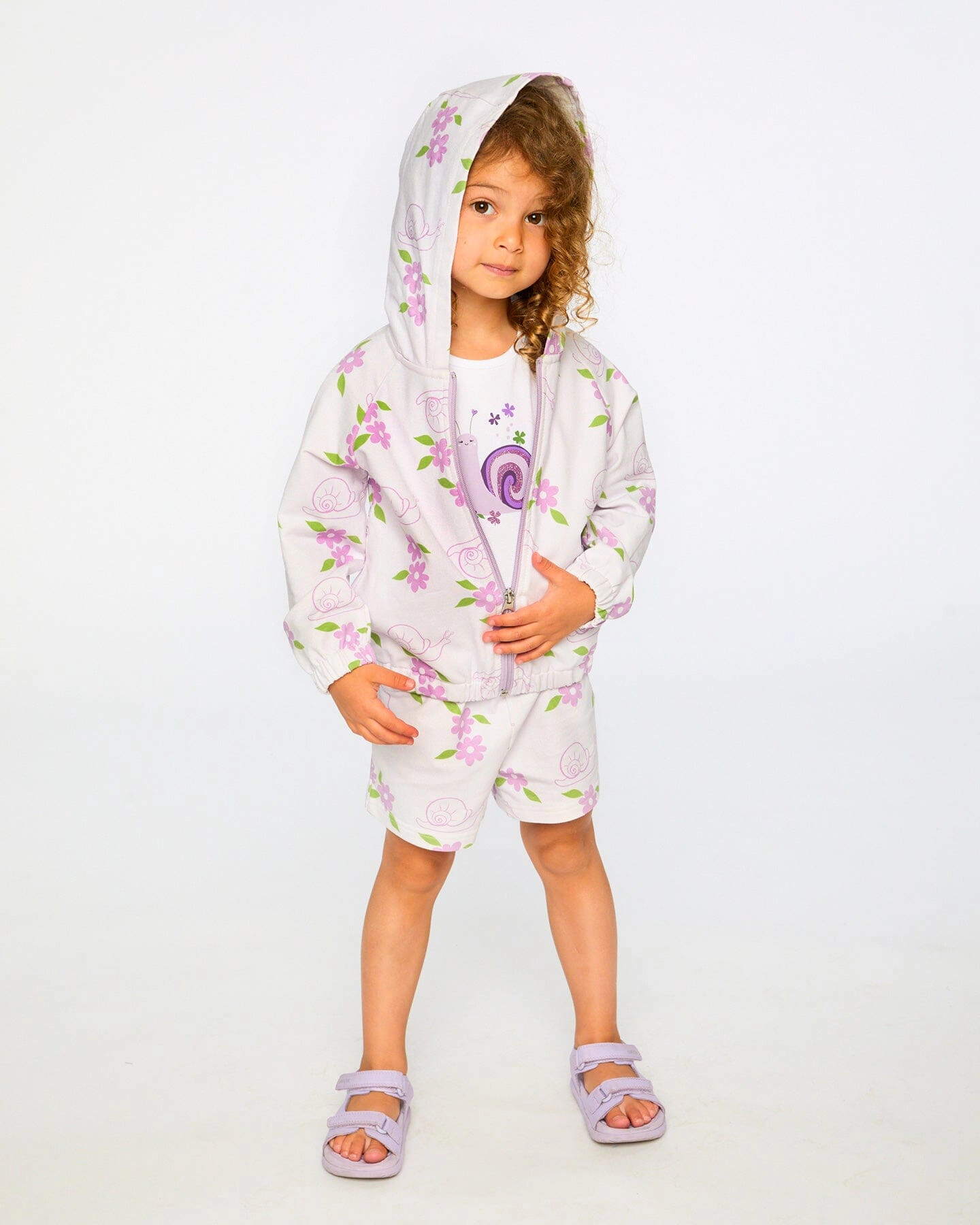 Deux par Deux Girls French Terry Hooded Cardigan Snails Print
