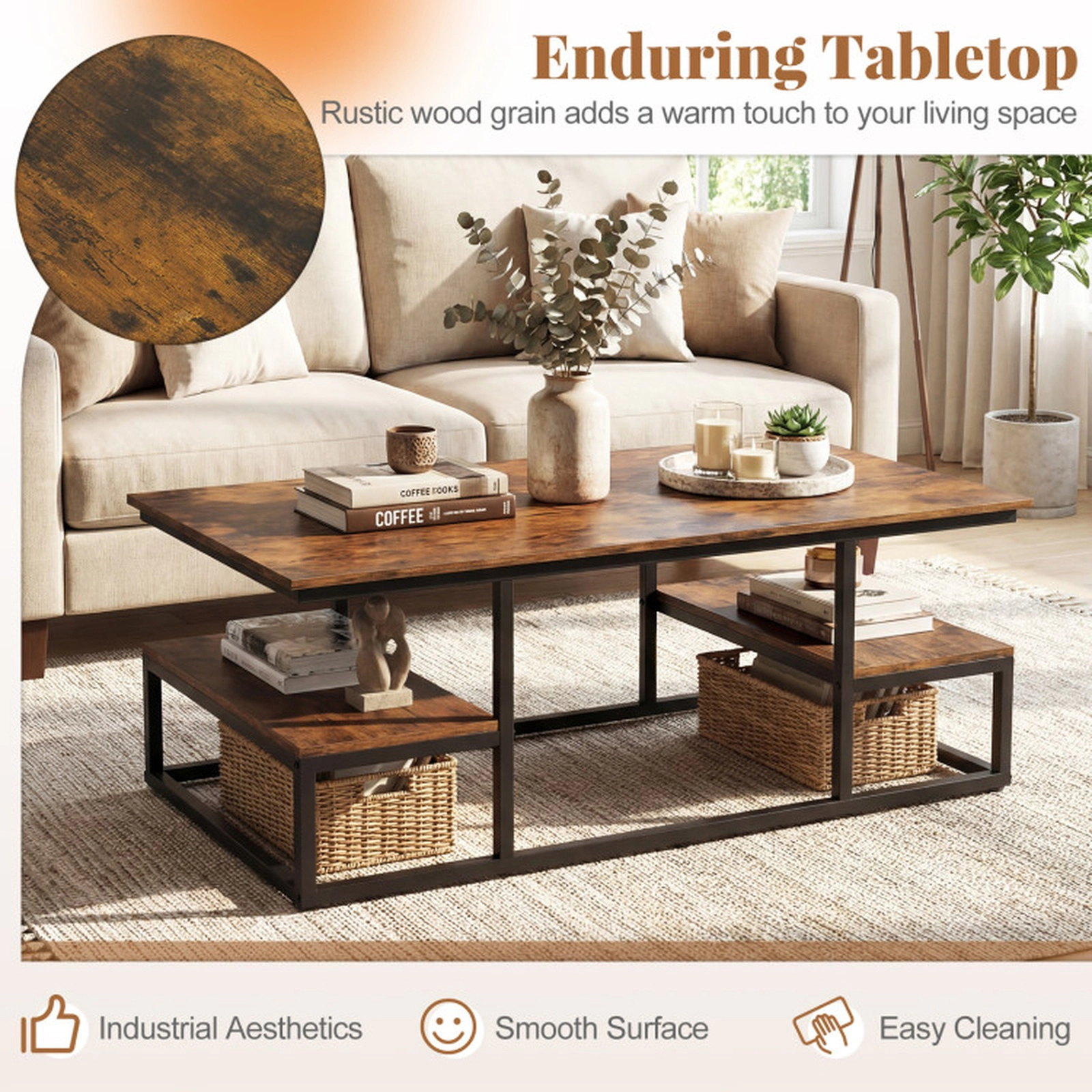 SUGIFT 43-in 176-lb Capacity Rustic Brown Rectangle Coffee Table with 2 Open Shelves and Metal Frame