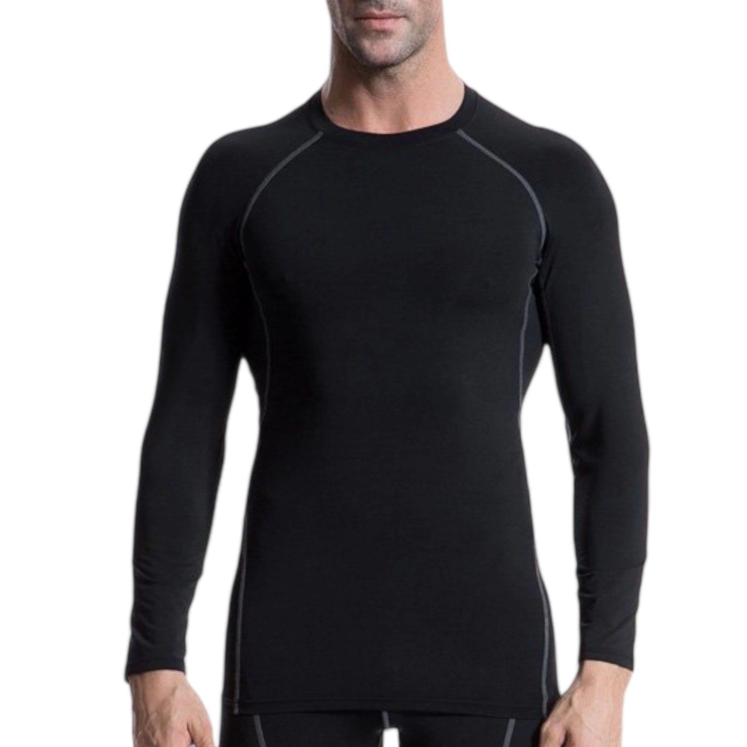 Anna-Kaci Men's Long Sleeve Compression Training Shirt with Crew Neck and Contrast Stitching Detail