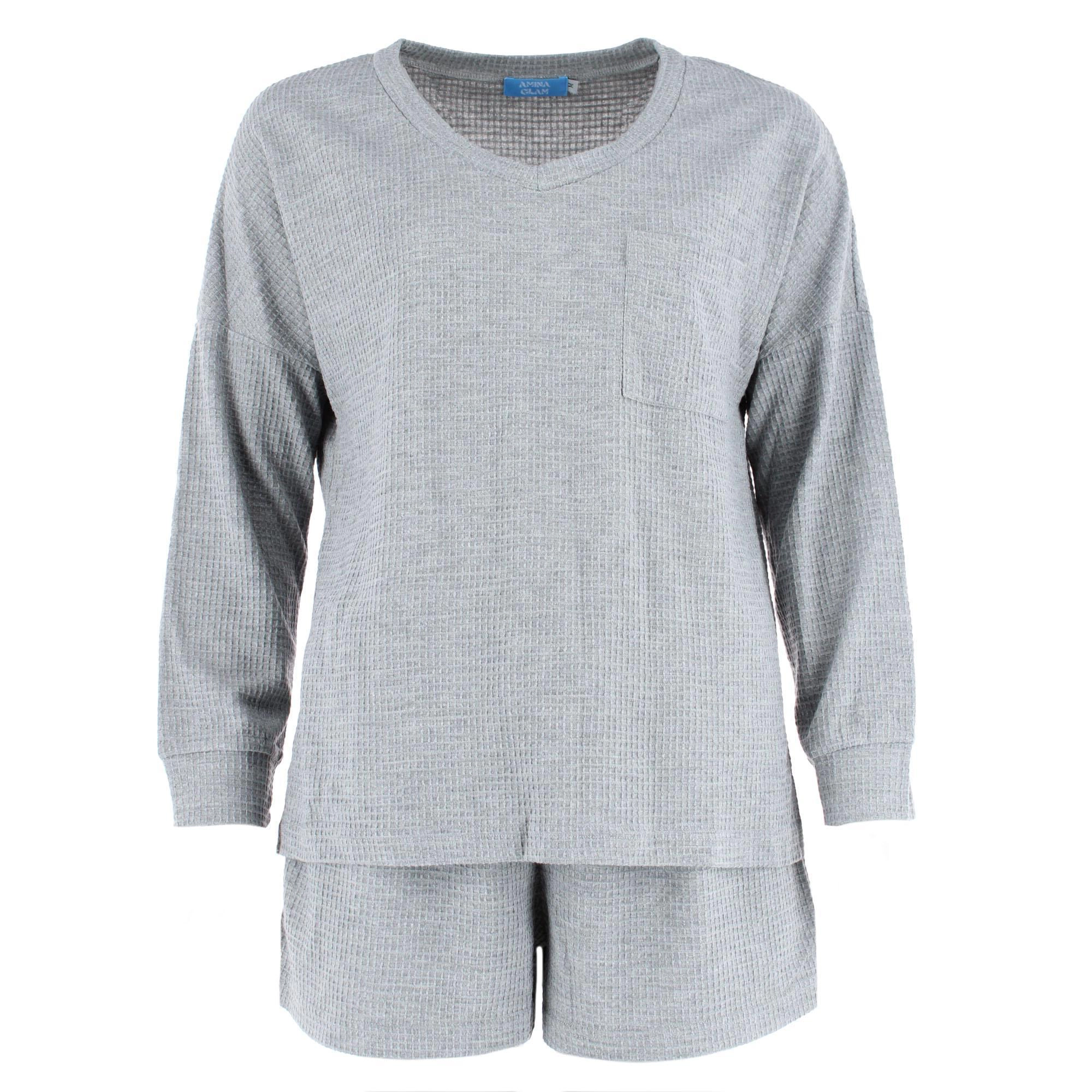 CTM Women's Waffle Knit V Neck Pajama Set