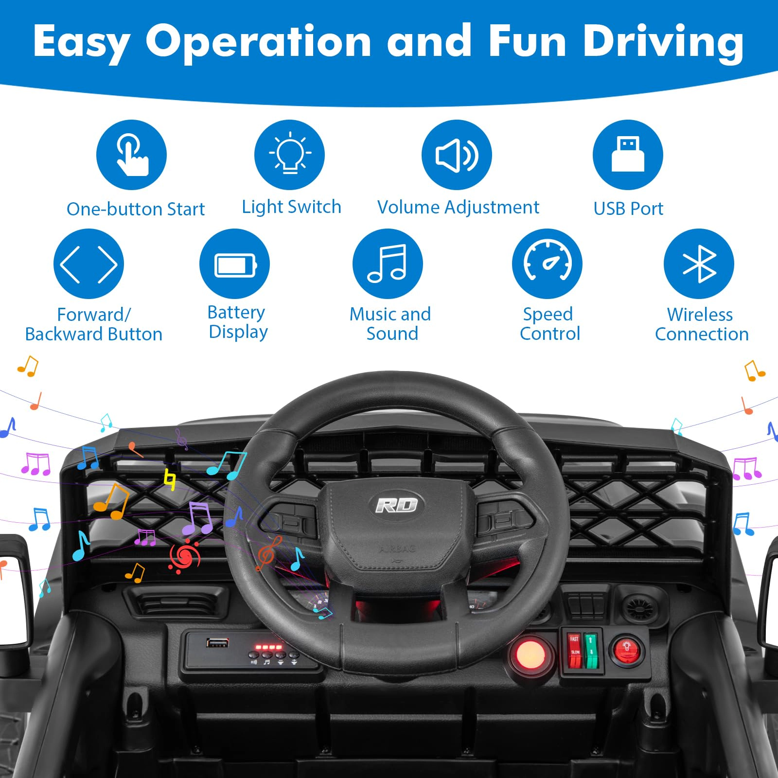 Glintex 12V Kids Ride-On Truck with Dual-Motor Drive and Light Controls