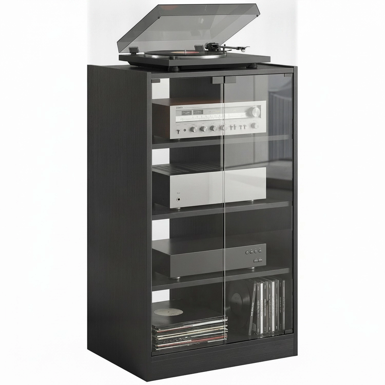 HONGGE Media Cabinet Stand with Adjustable Shelves Glass Doors and Cable Management