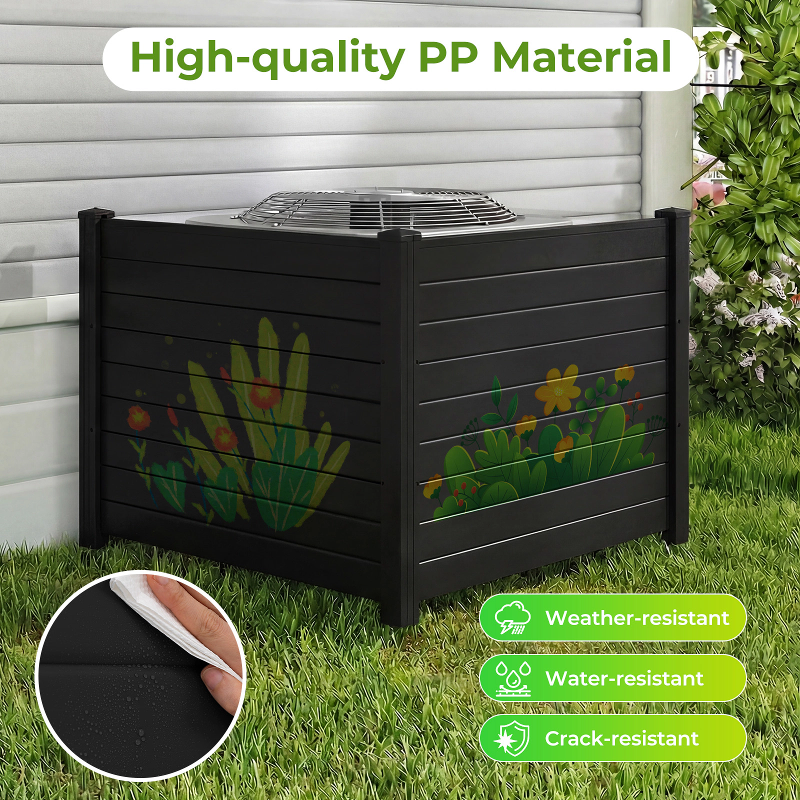 SUGIFT Black PVC Outdoor Air Conditioner Fence with 3 20-in Ground Stakes and Card-Slot Setup Panels