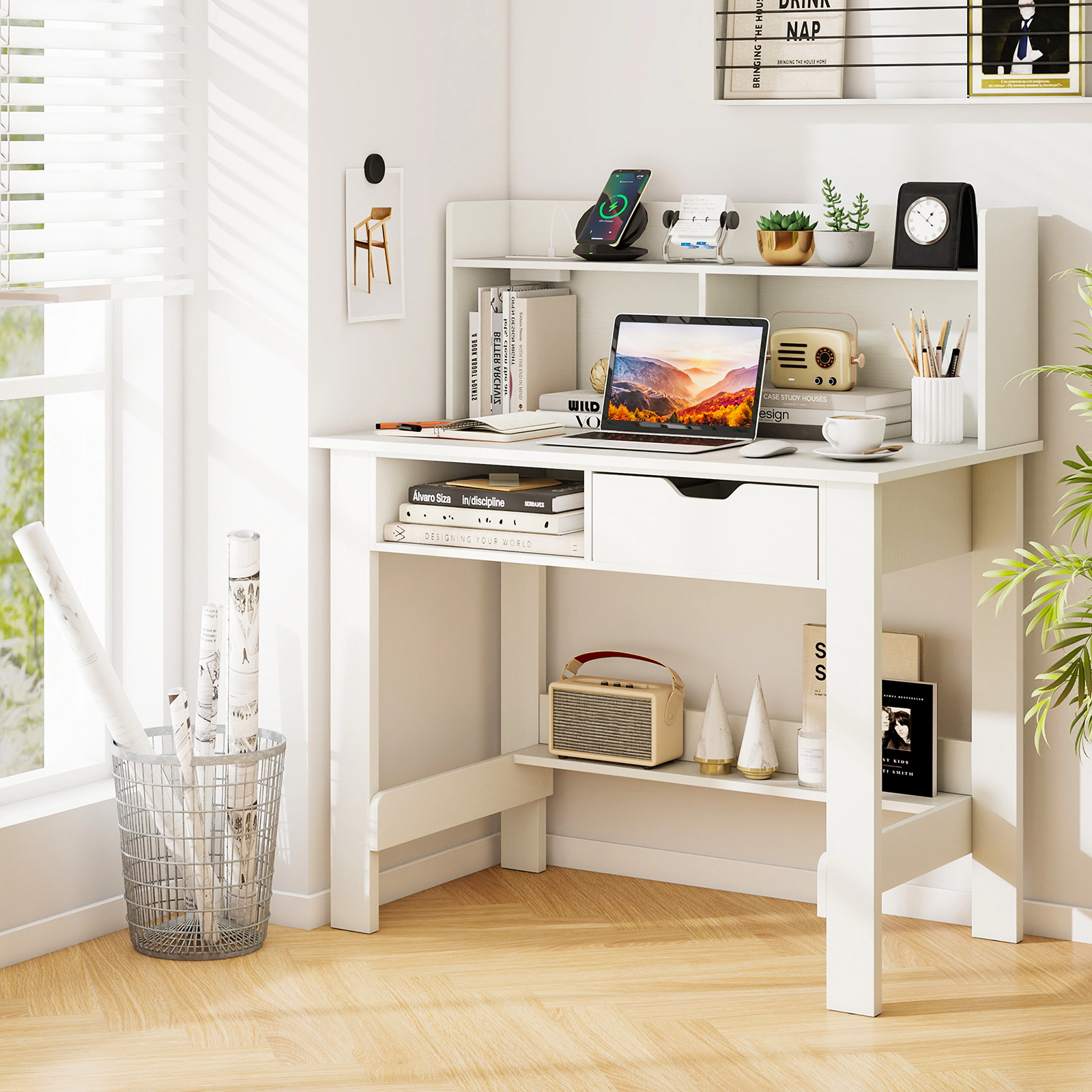 LJG Home Office Computer Desk with Storage Shelves and Drawer Ideal for Working and Studying
