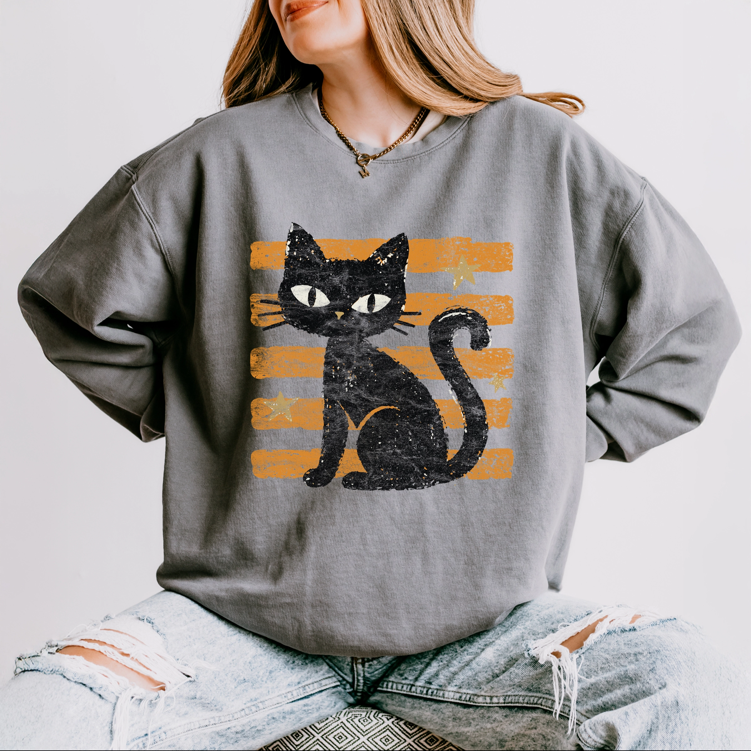 Simply Sage Market - Women's Lightweight Garment Dyed Sweatshirt Black Cat Orange Stripes