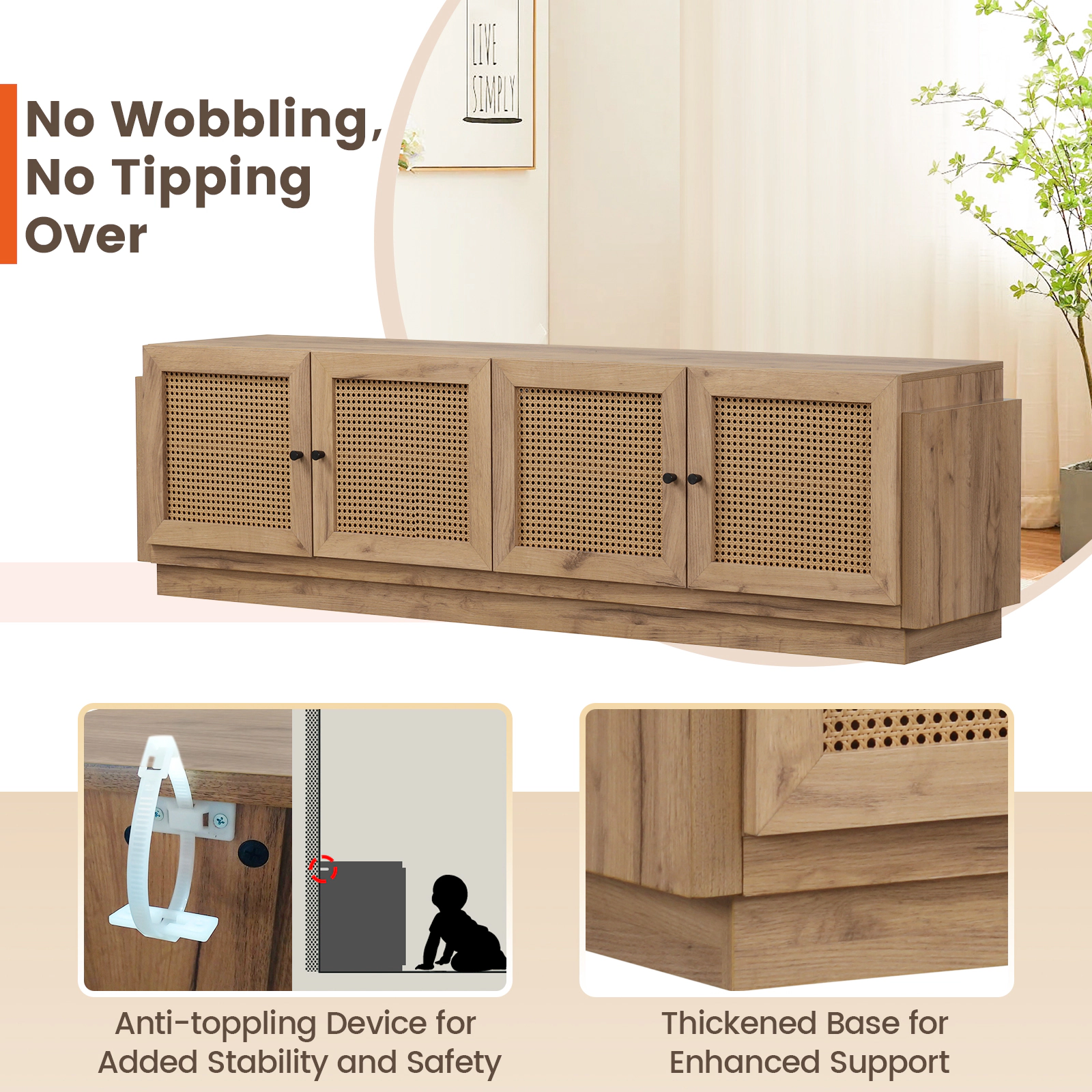 SUGIFT Farmhouse TV Stand with PE Rattan Doors for TVs up to 75 Inches 220-lb Tabletop Capacity Oak